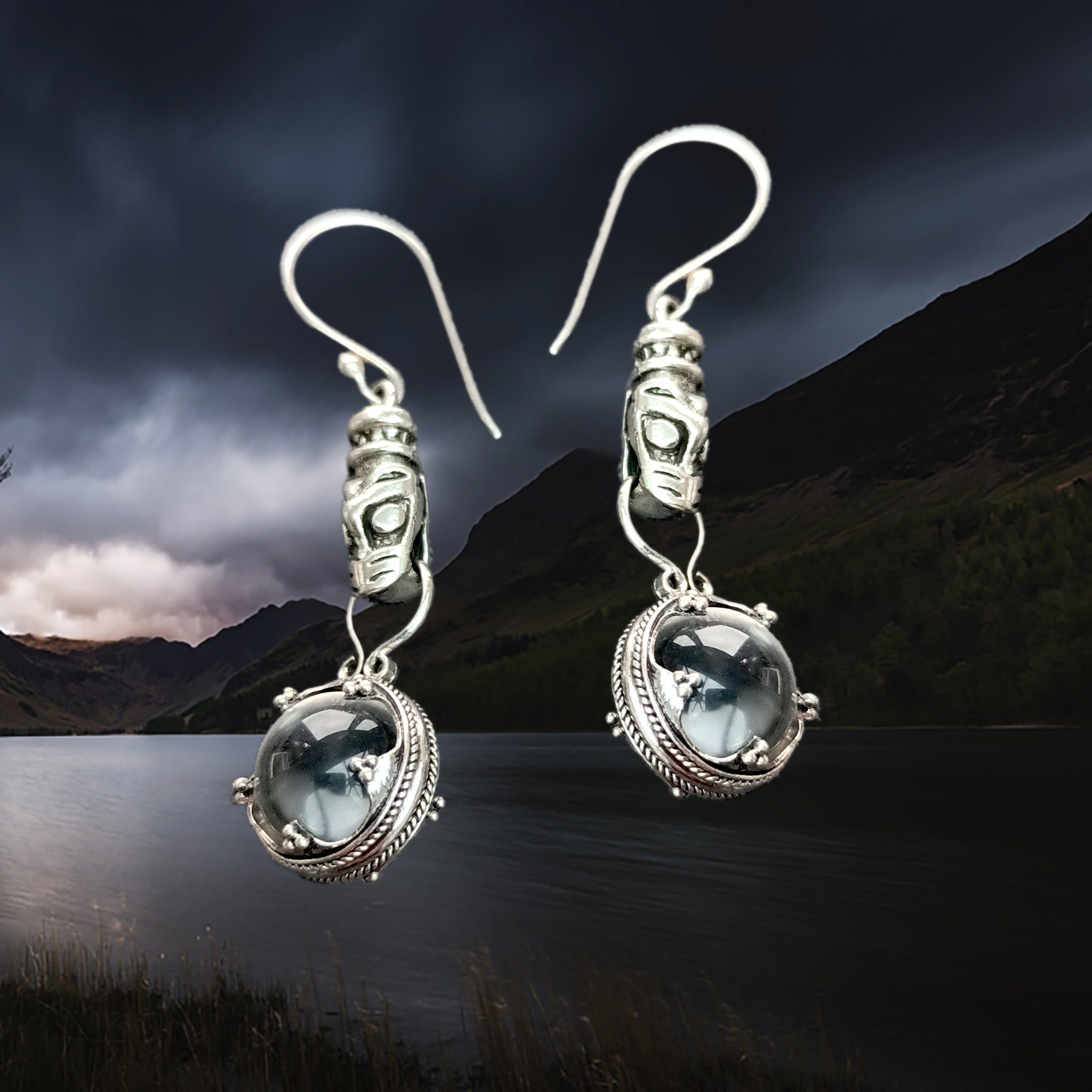 Silver Icelandic Wolf Head Crystal Ball Earrings - Different Angles