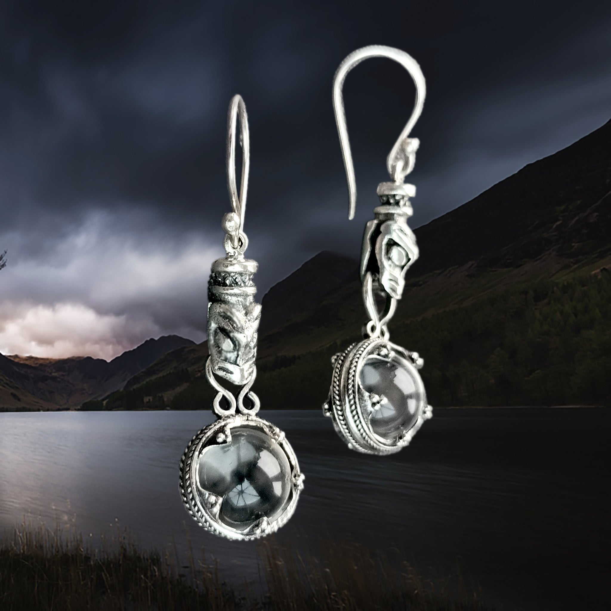 Silver Icelandic Wolf Head Crystal Ball Earrings