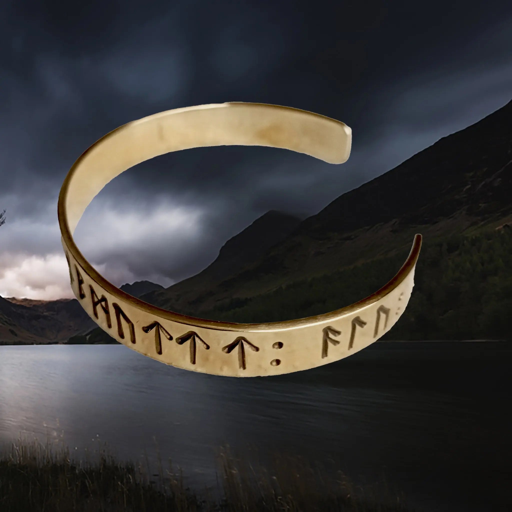 Runic Dark Age Bracelet in Solid Brass with Runic Inscription from Lindholm - Side Angle View