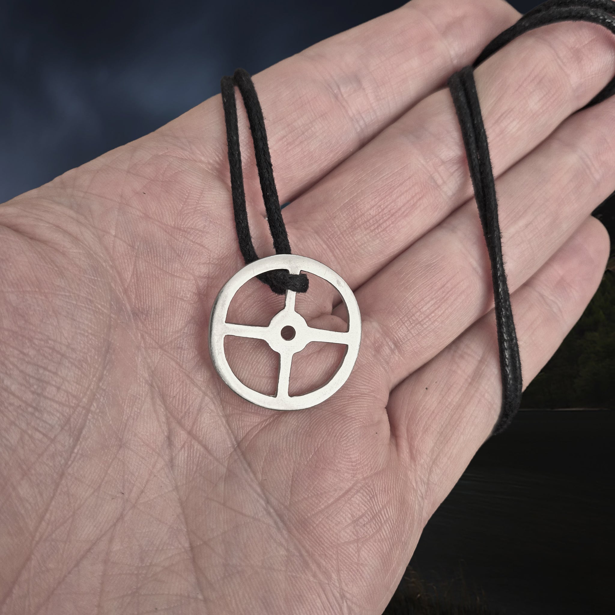 Handmade Replica Viking Sun Cross Odin Pendant in Sterling Silver on Black Linen Cord, on Hand