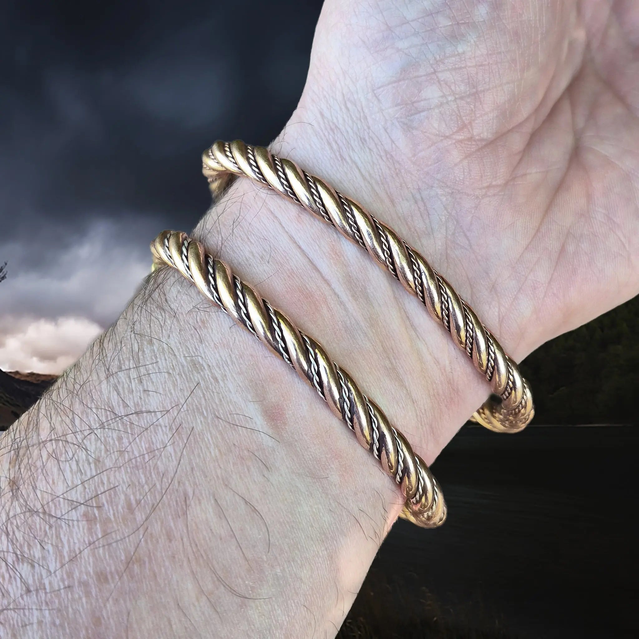 Handmade Twisted Bronze Bracelet With with Bronze and Silver Version on Wrist - Back View