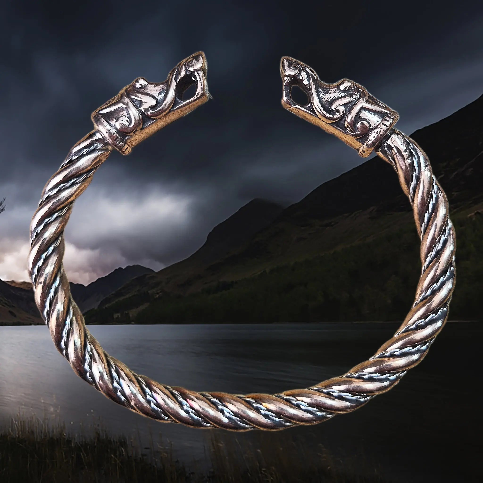 Handmade Twisted Bronze & Silver Bracelet With Gotlandic Dragon Heads