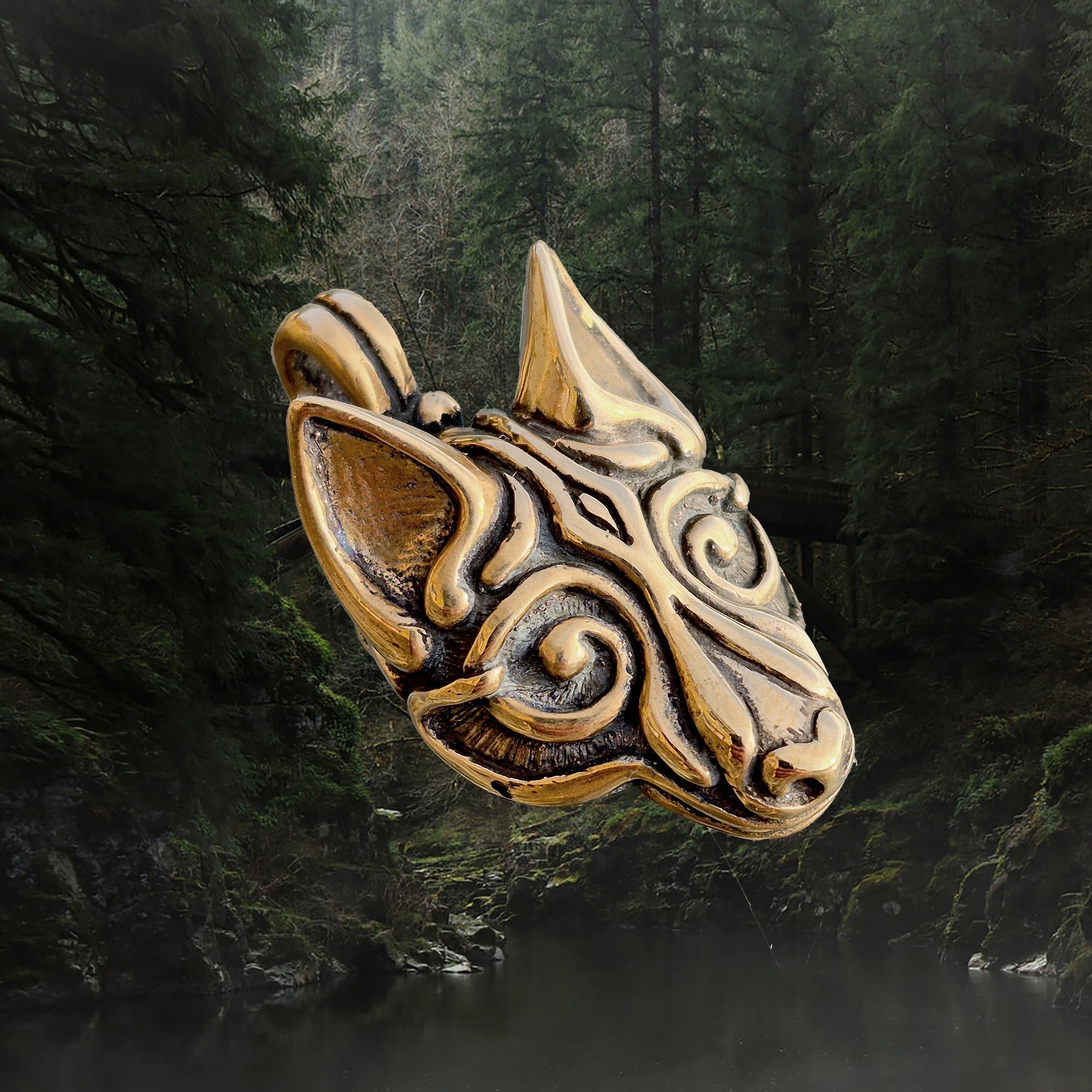 Bronze Borre Style Viking Wolf Head Pendant - Angle View