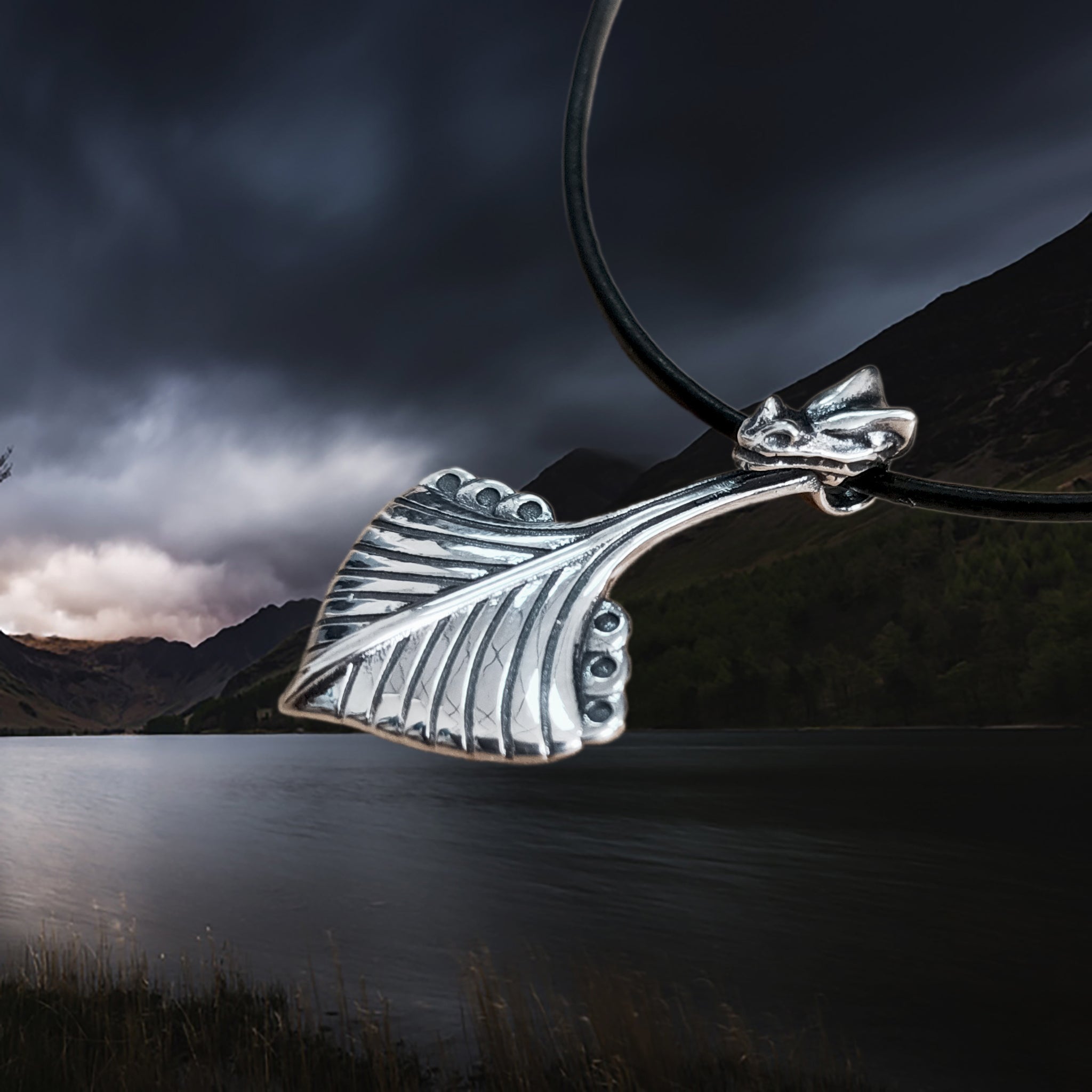 Replica Norwegian Viking Ship Pendant in Sterling Silver on Leather Cord - Side Angle View