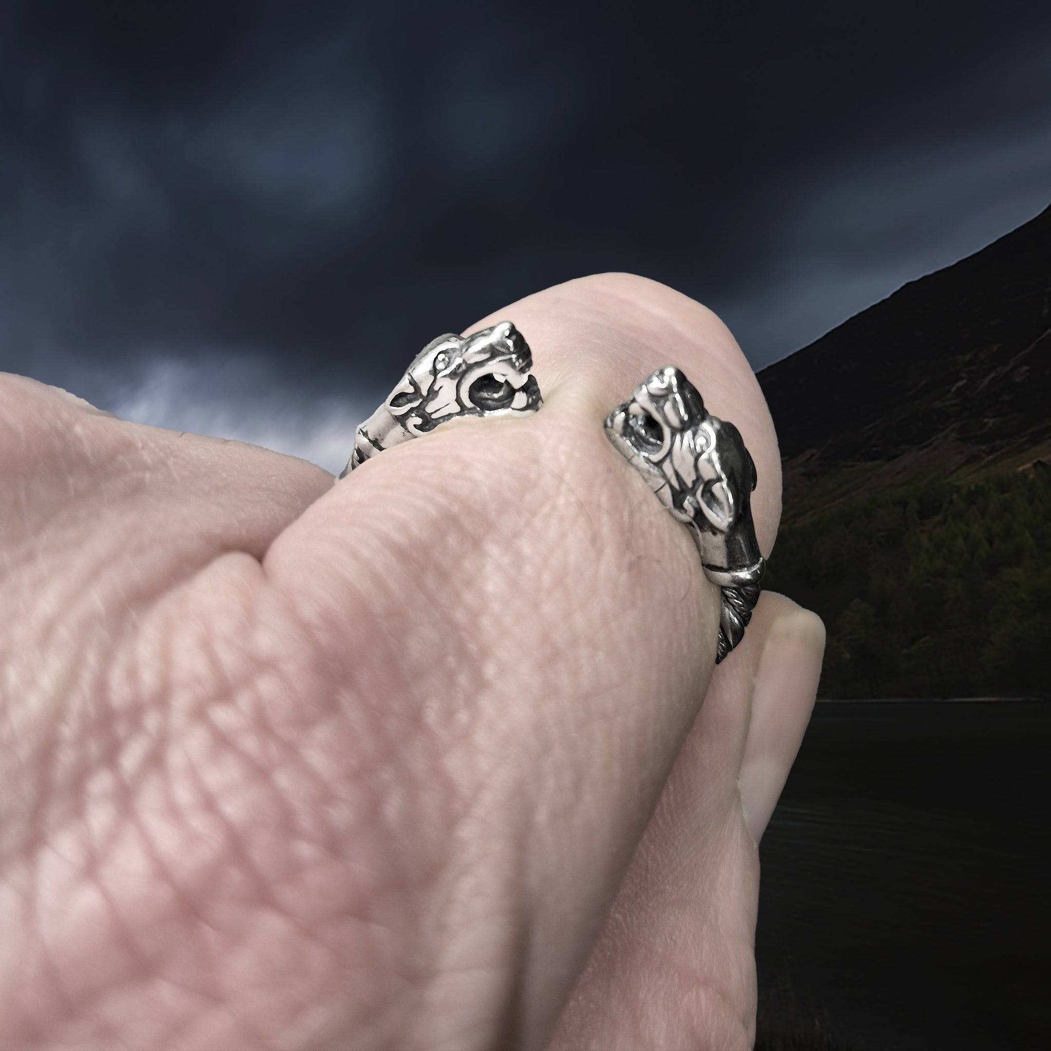 Silver Twisted Ferocious Wolves Ring on Finger