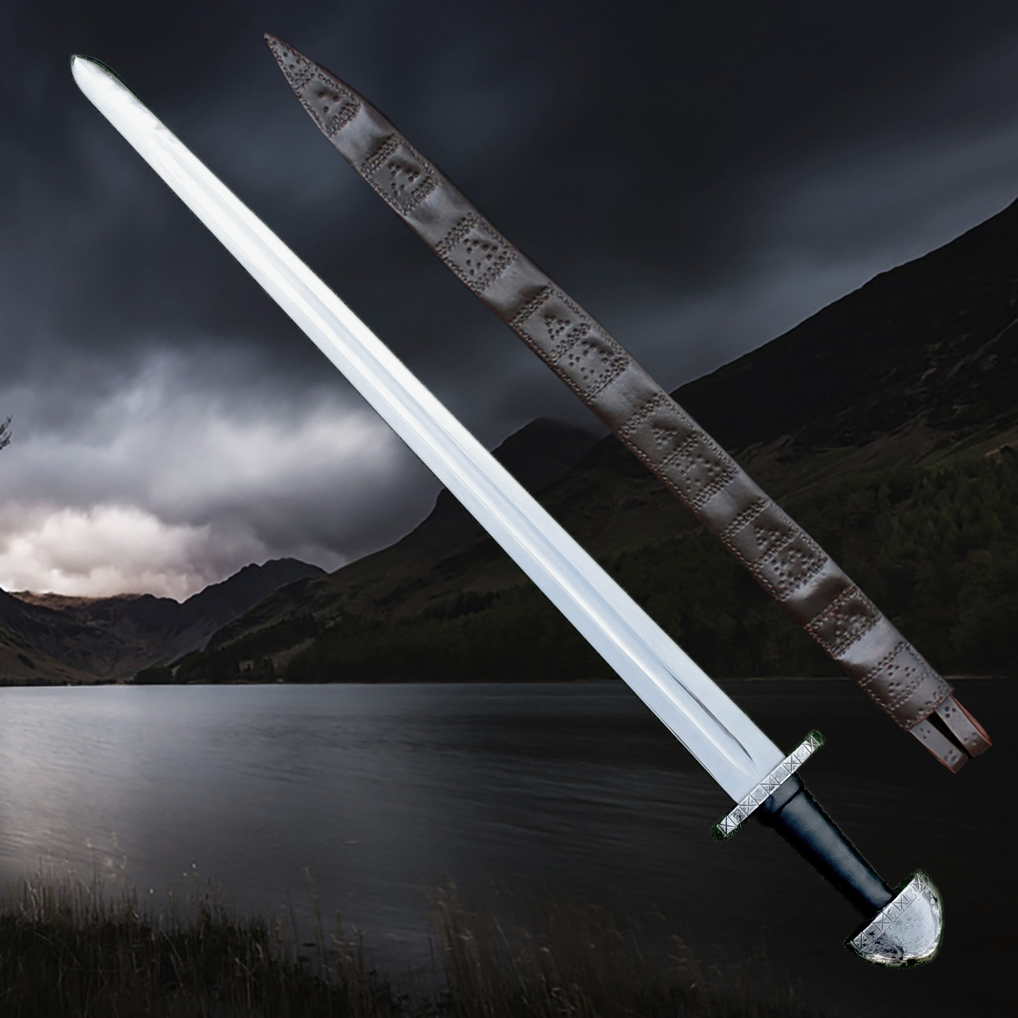 Blunt Reenactment Viking Long Sword with Decorated Hilt and Embossed Brown Leather Scabbard