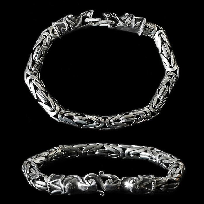 8Mm Silver King Bracelet With Gotlandic Dragon Heads - Viking Bracelets