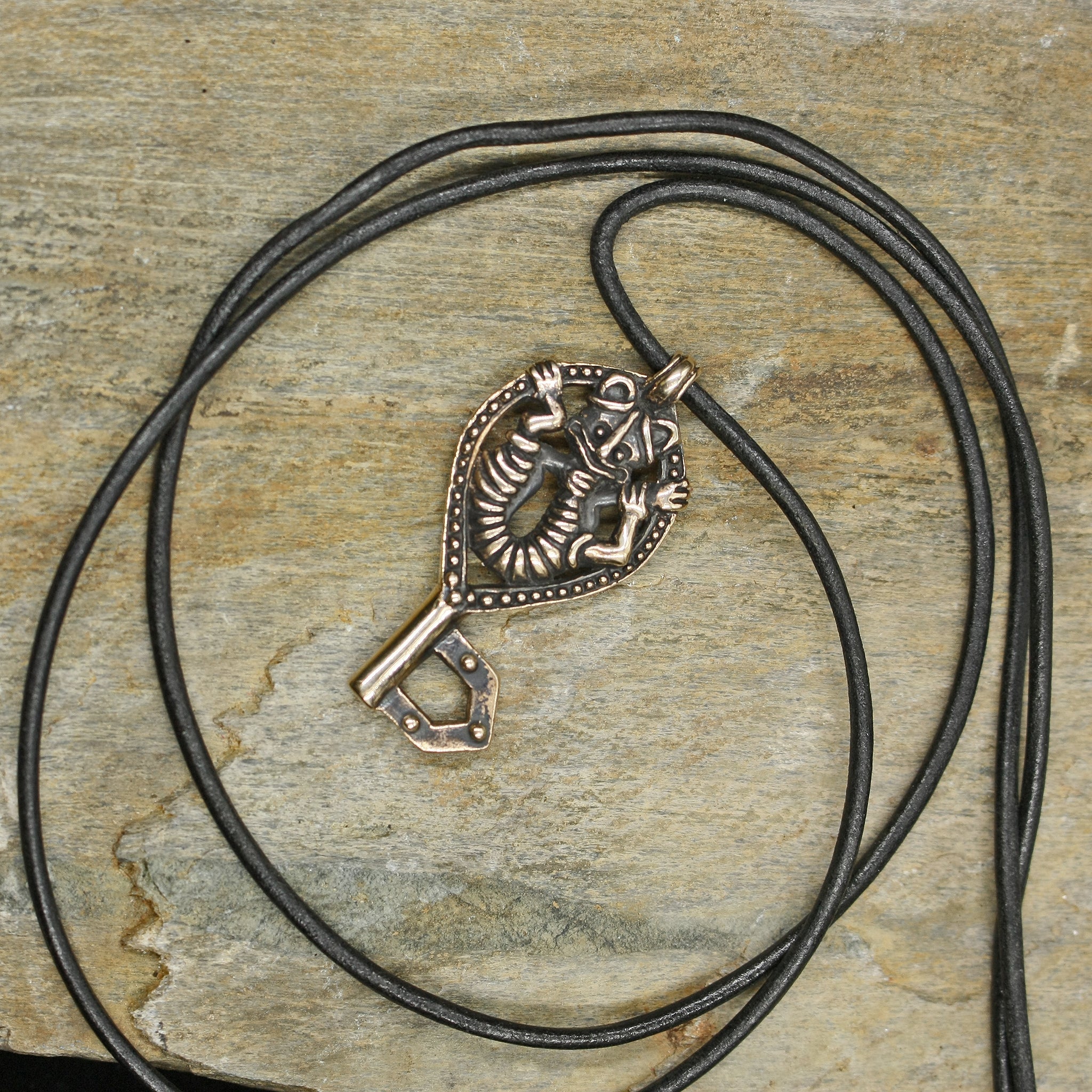 Bronze Viking Gripping Bear Key Pendant with Thong