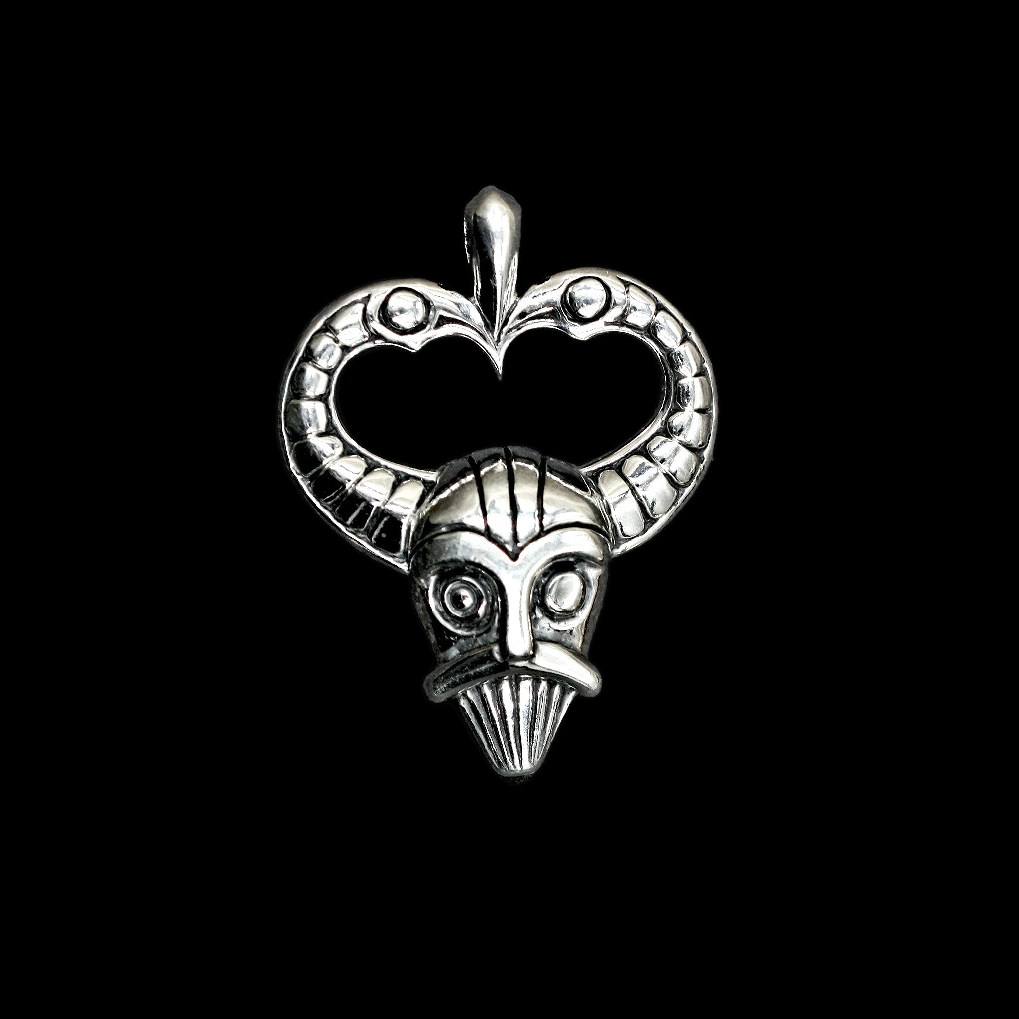 Odin Mask Pendant with Twin Raven Horns - Silver