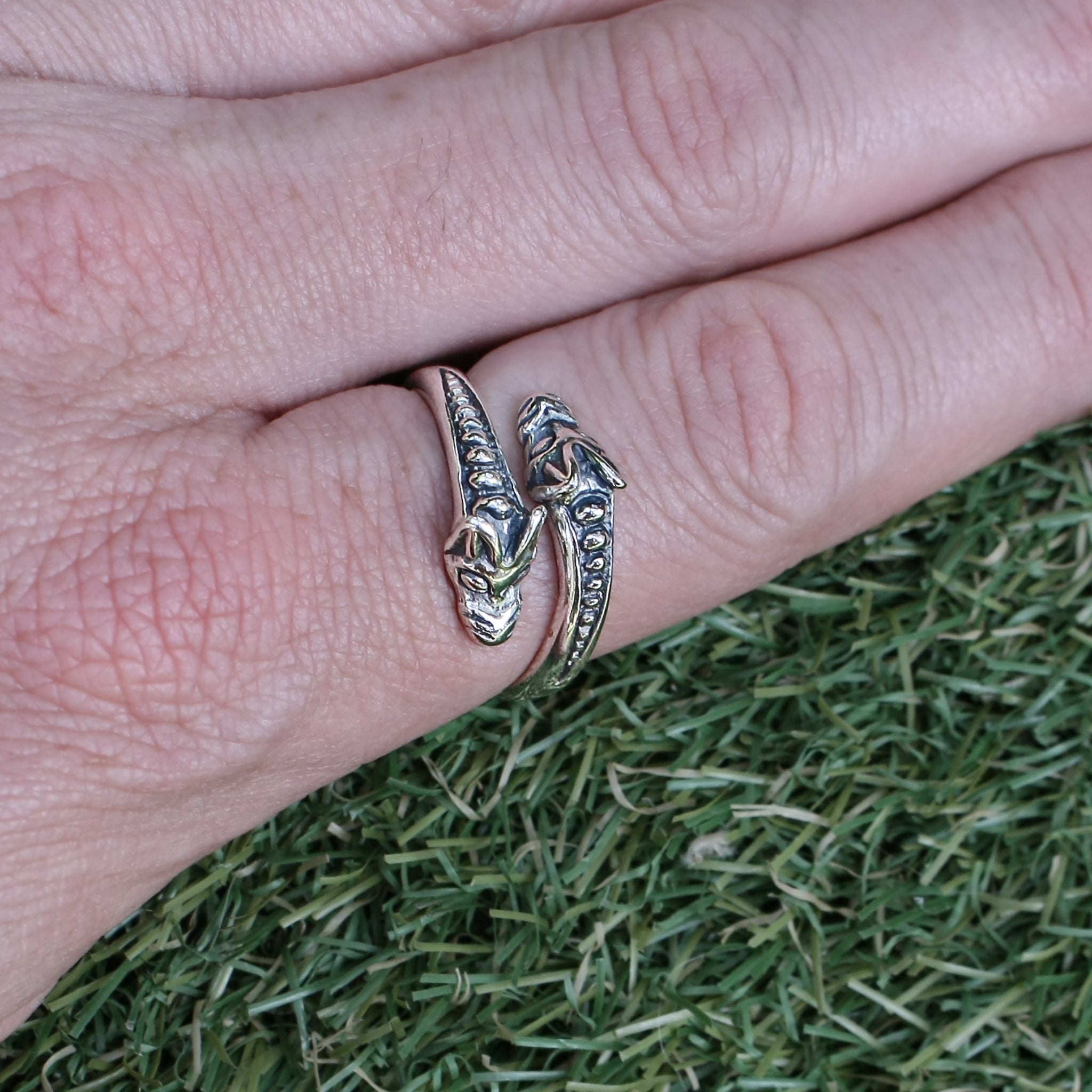 Silver Ridged Viking Wolf Ring on Finger