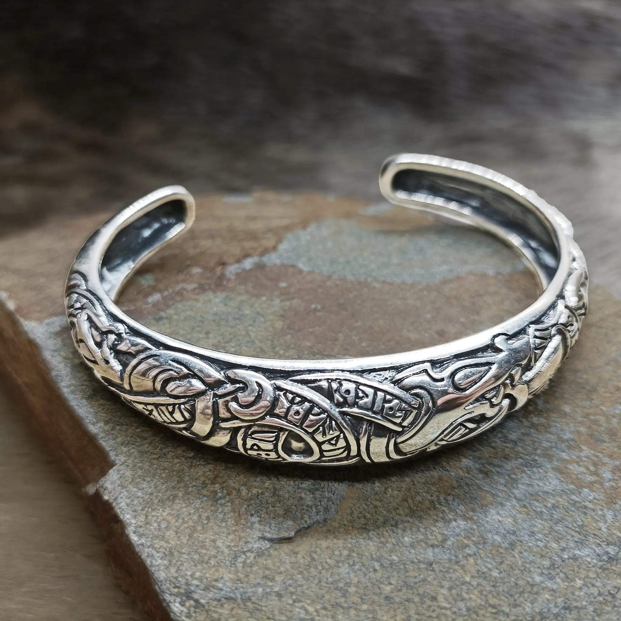 Silver Runic Viking Bracelet / Arm Ring on Rock - Above Angle View