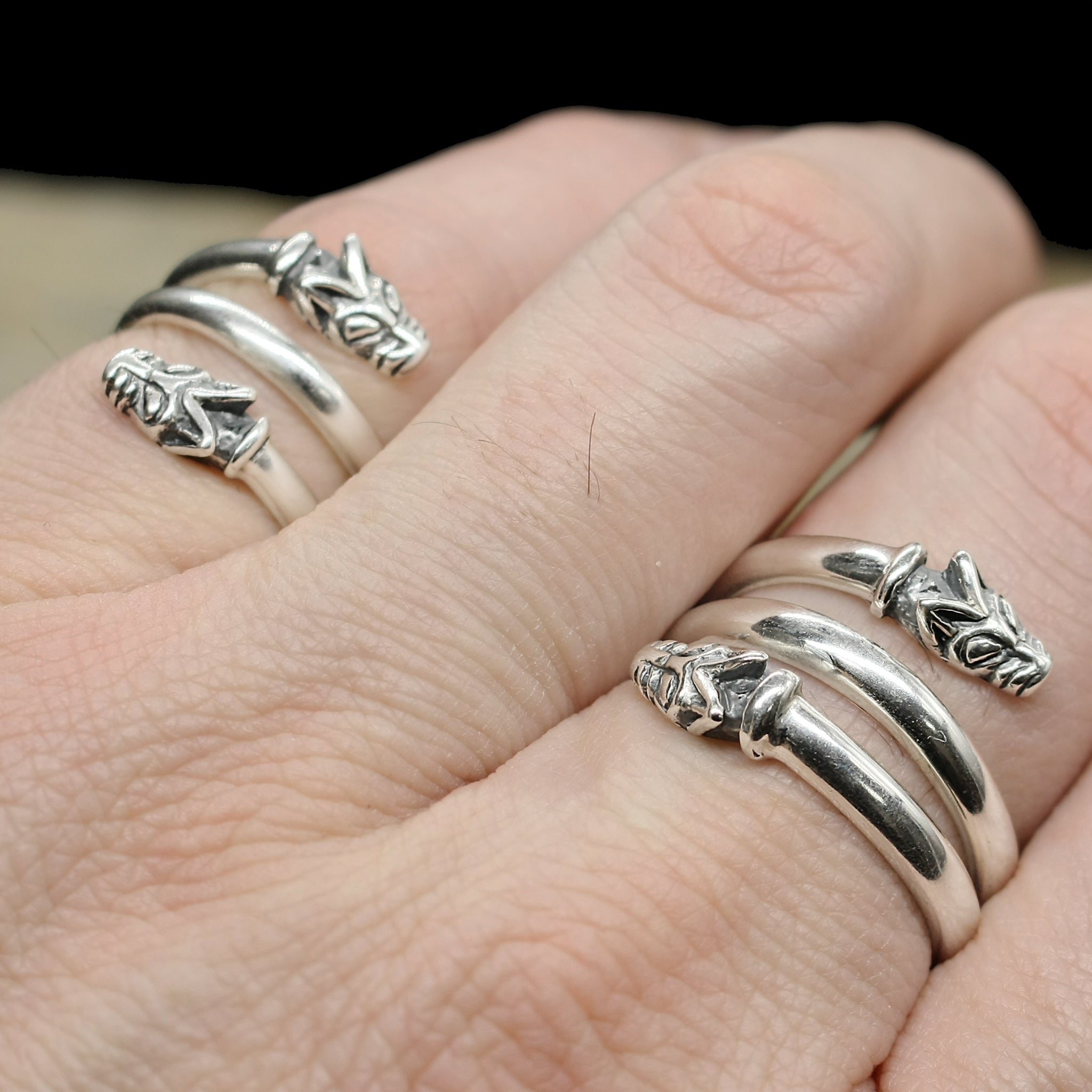 Silver Spiral Viking Wolf Rings on Hand