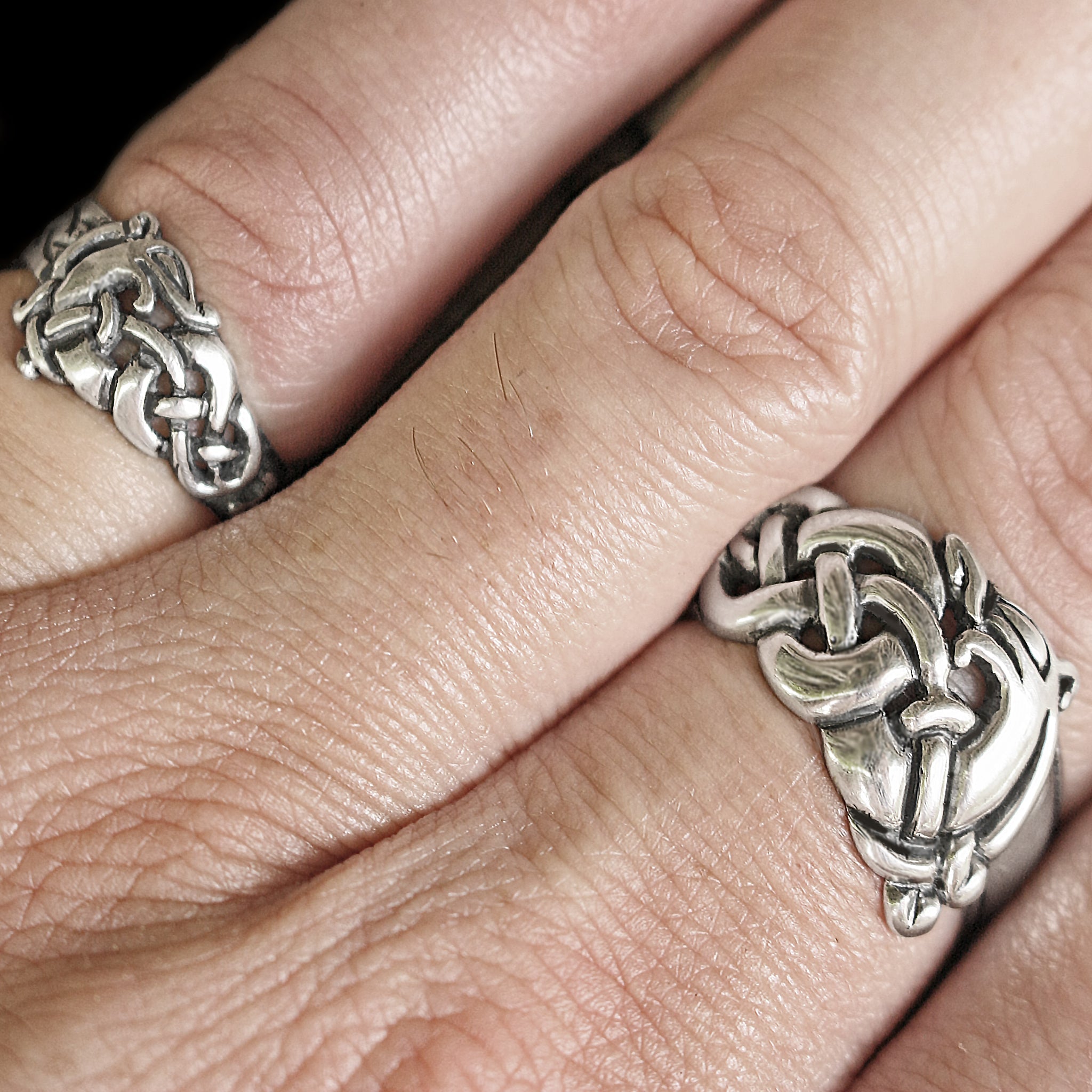 Silver Urnes Viking Dragon Rings on Hand