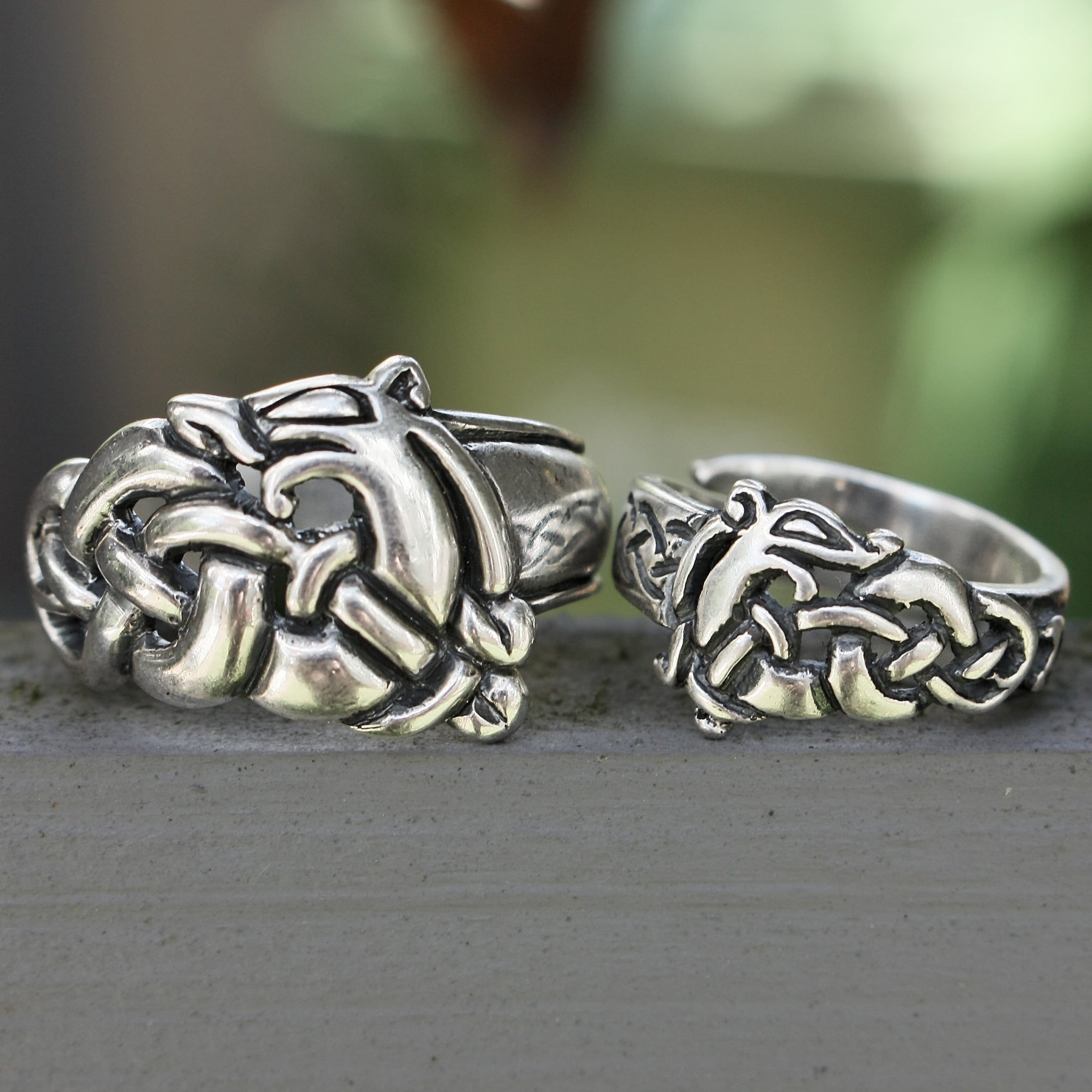 Silver Urnes Viking Dragon Rings on Ledge