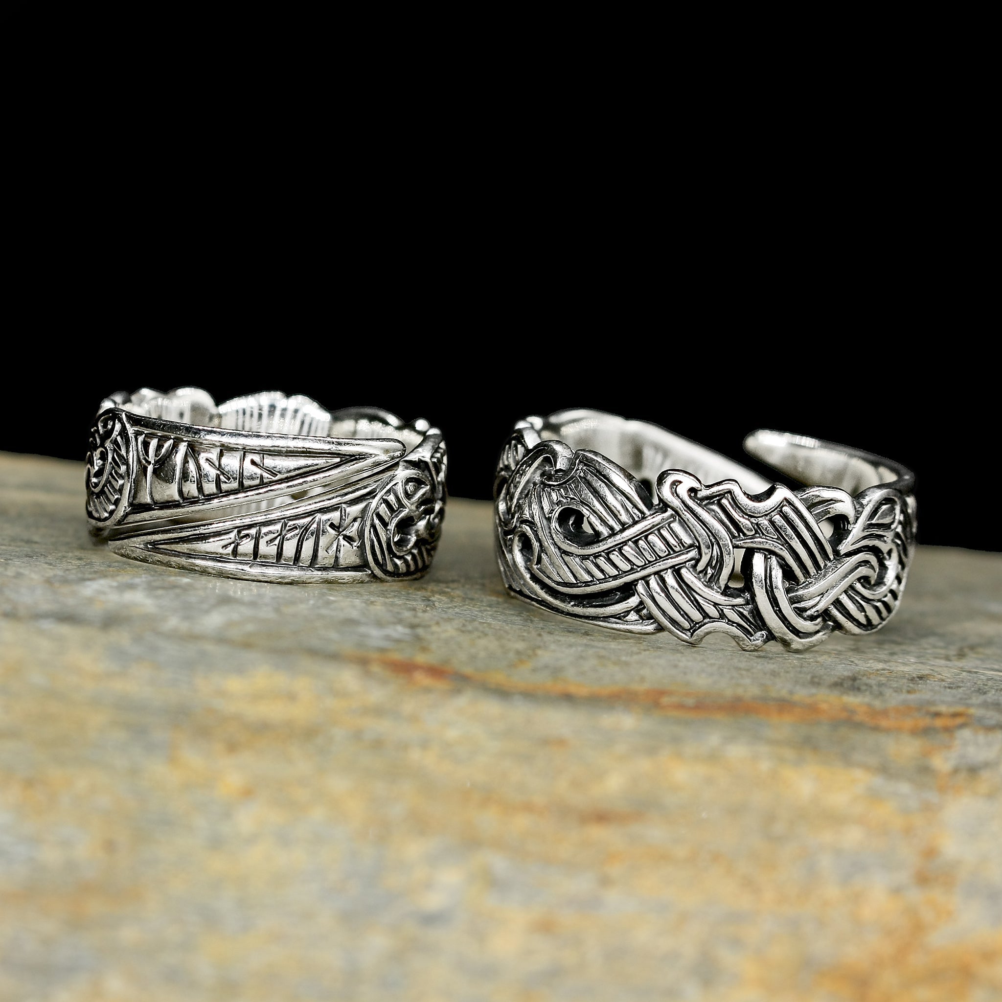 Silver Viking Raven Rings on Rock  - Hugin & Munin