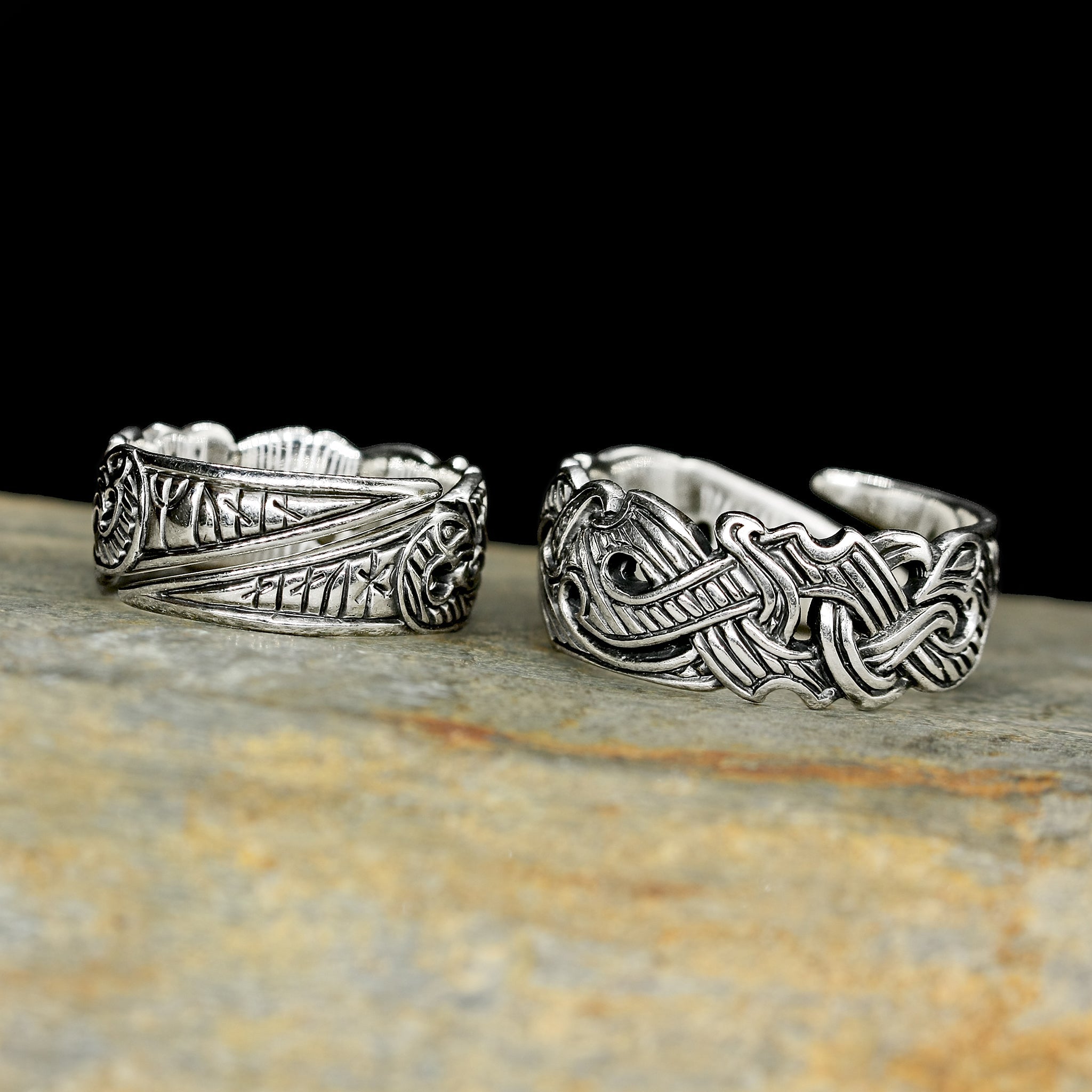 Silver Viking Raven Rings on Rock - Hugin & Munin