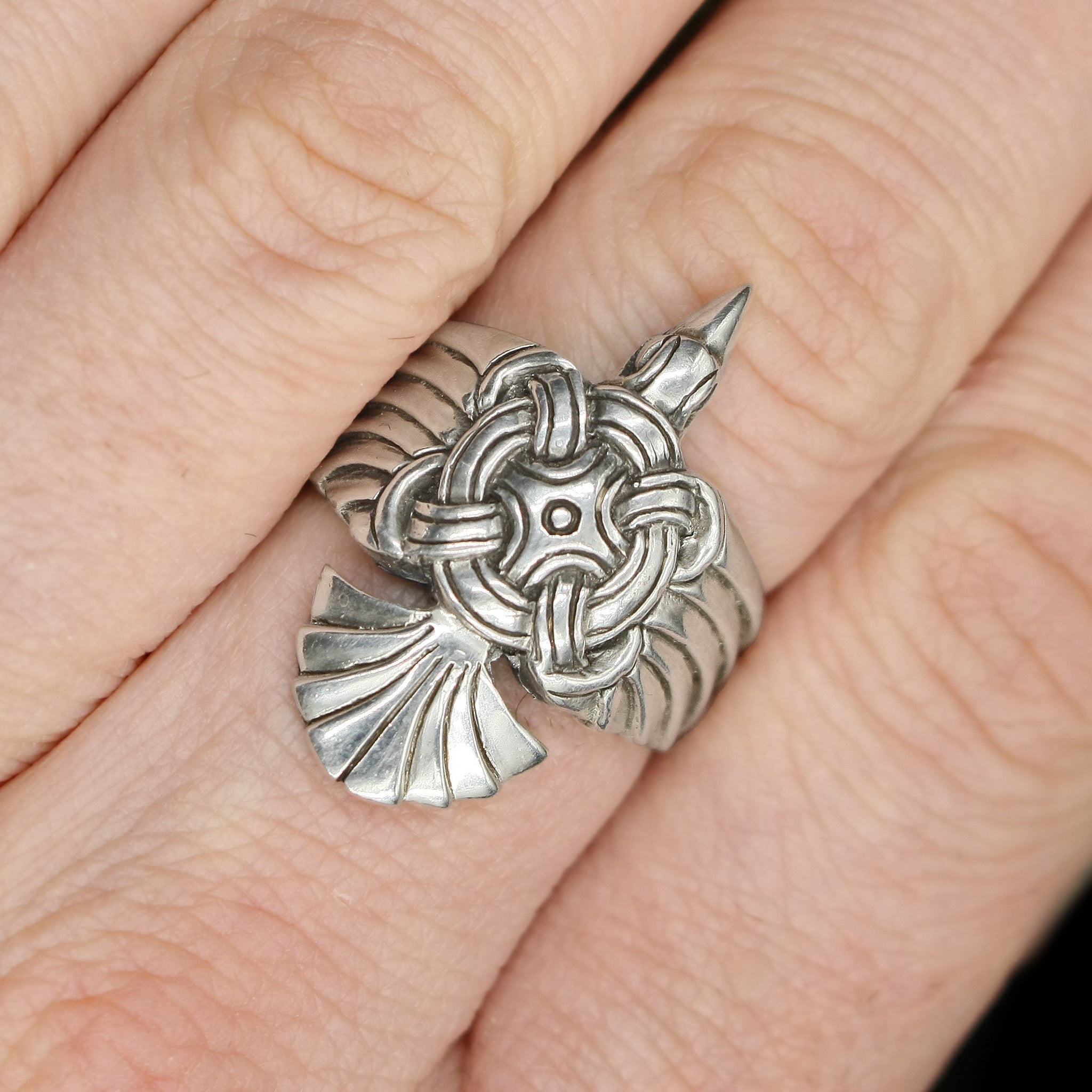 Silver Viking Raven Wing Ring on Hand
