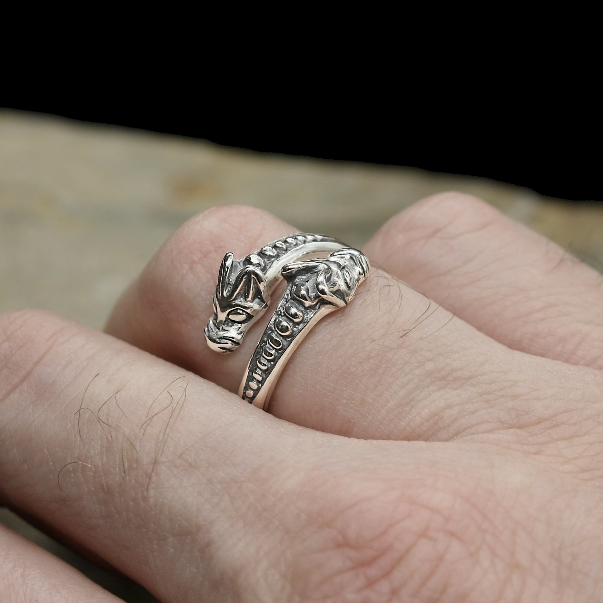 Silver Ridged Viking Wolf Ring on Hand