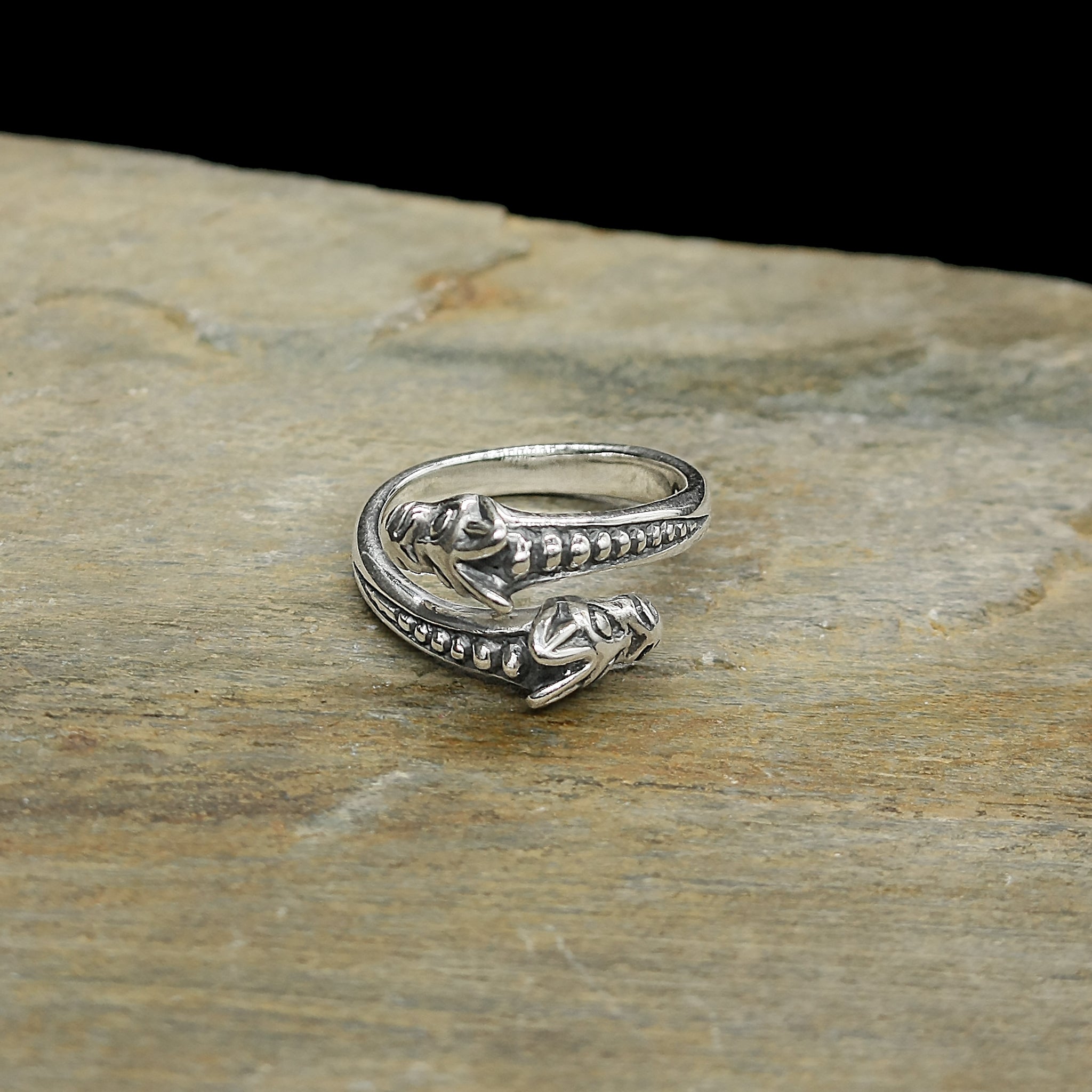 Silver Ridged Viking Wolf Ring on Rock