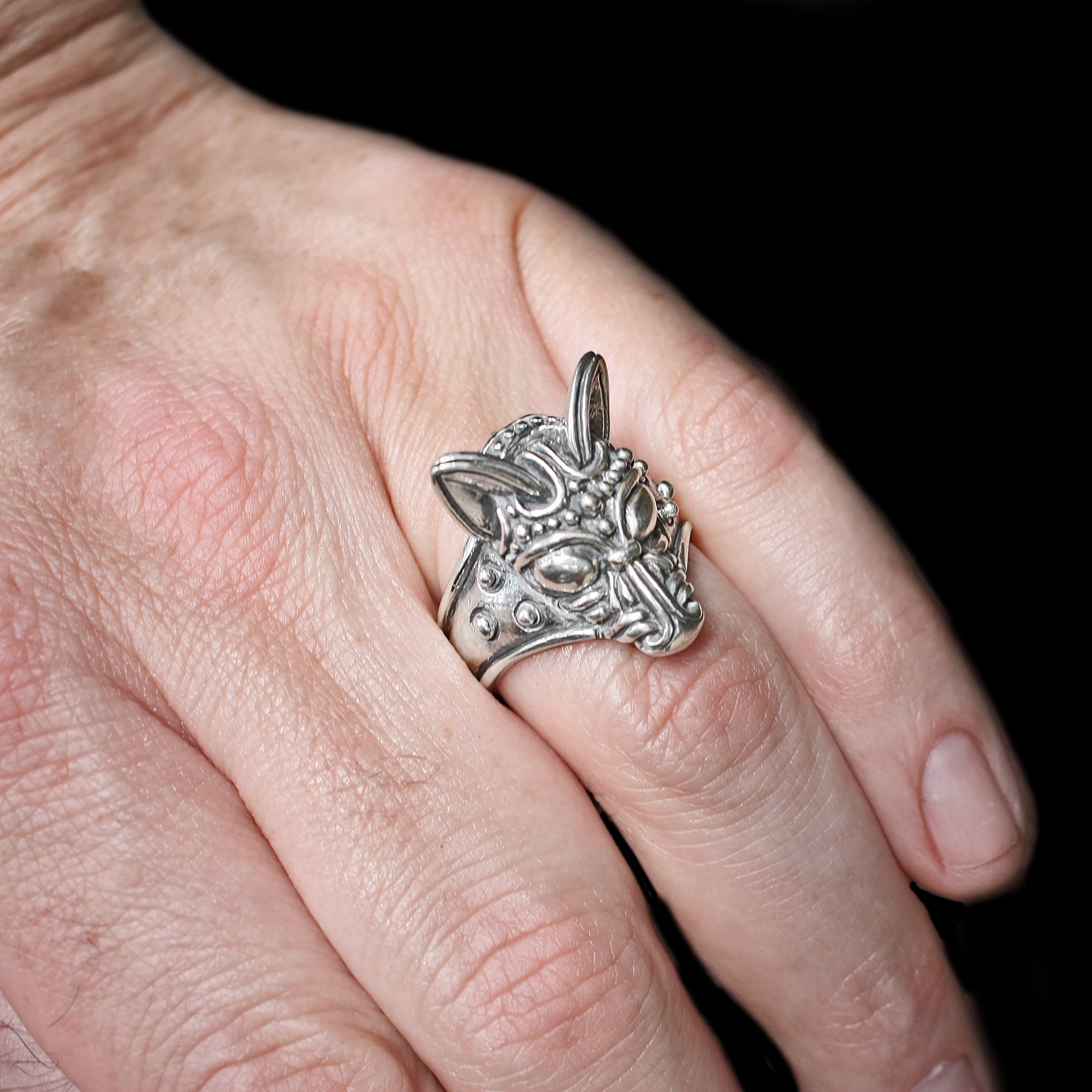 Silver Viking Wolf Head Ring on Hand