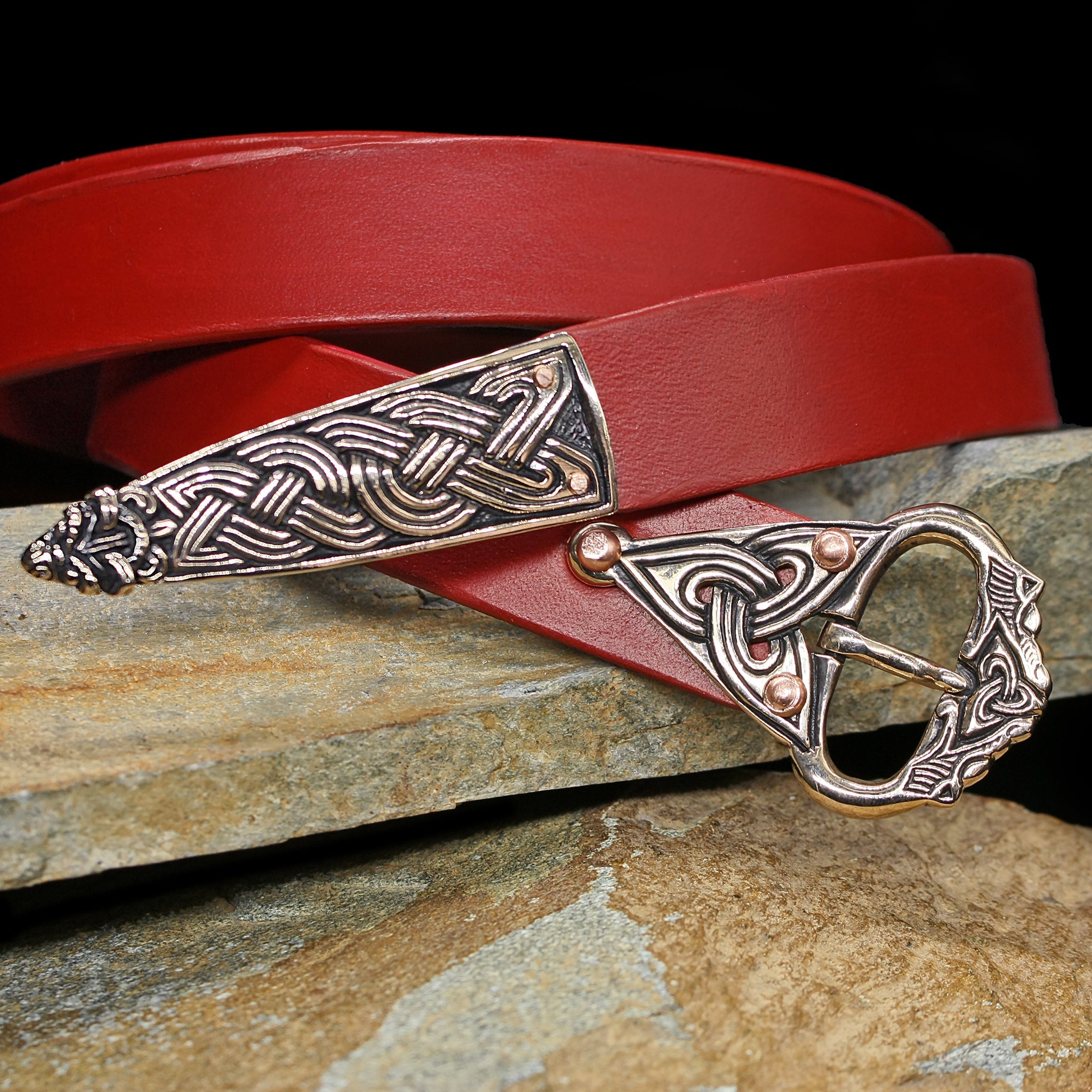 Custom Viking Belt with Bronze Borre Wolf Fittings, Red Leather Strap - on Rock