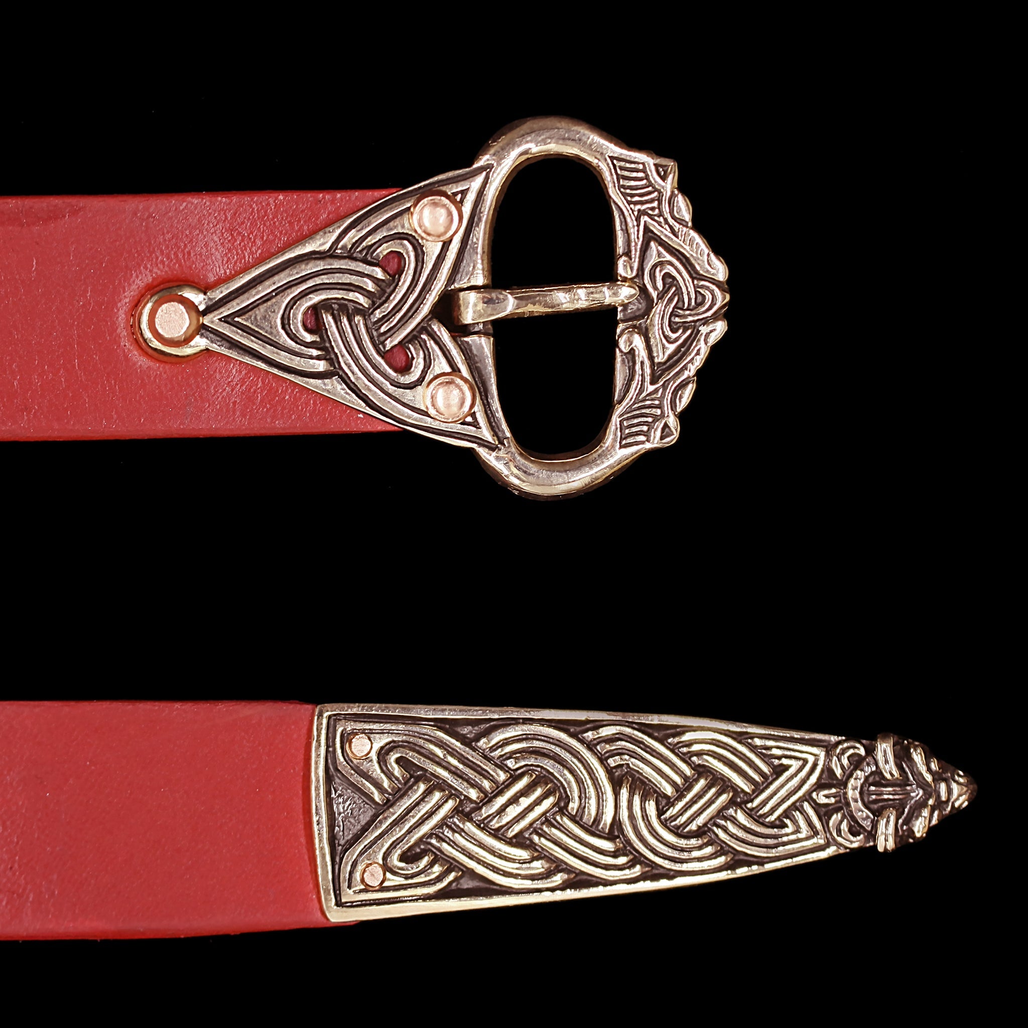 Custom Viking Belt with Bronze Borre Wolf Fittings, Red Leather