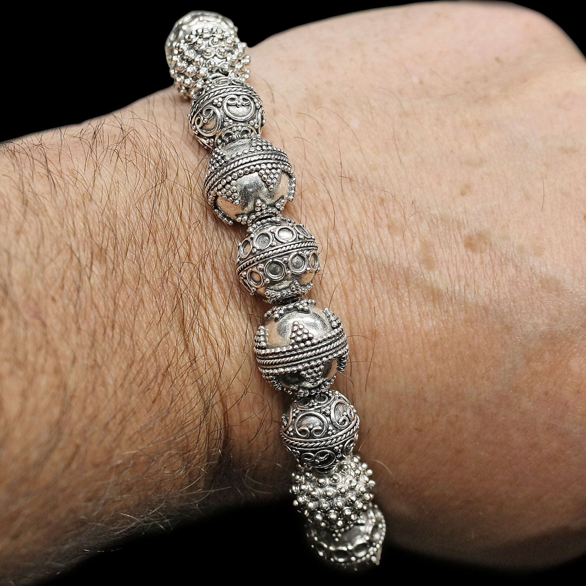 Silver Viking Beads from Visby on Leather Thong on Wrist