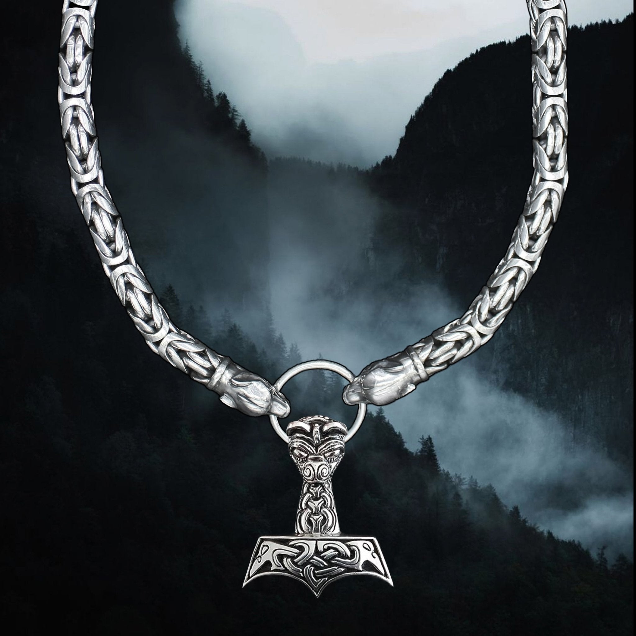 10mm Silver King Chain Necklace with Ferocious Wolf Heads with Split Ring and Large Ferocious Thors Hammer Pendant