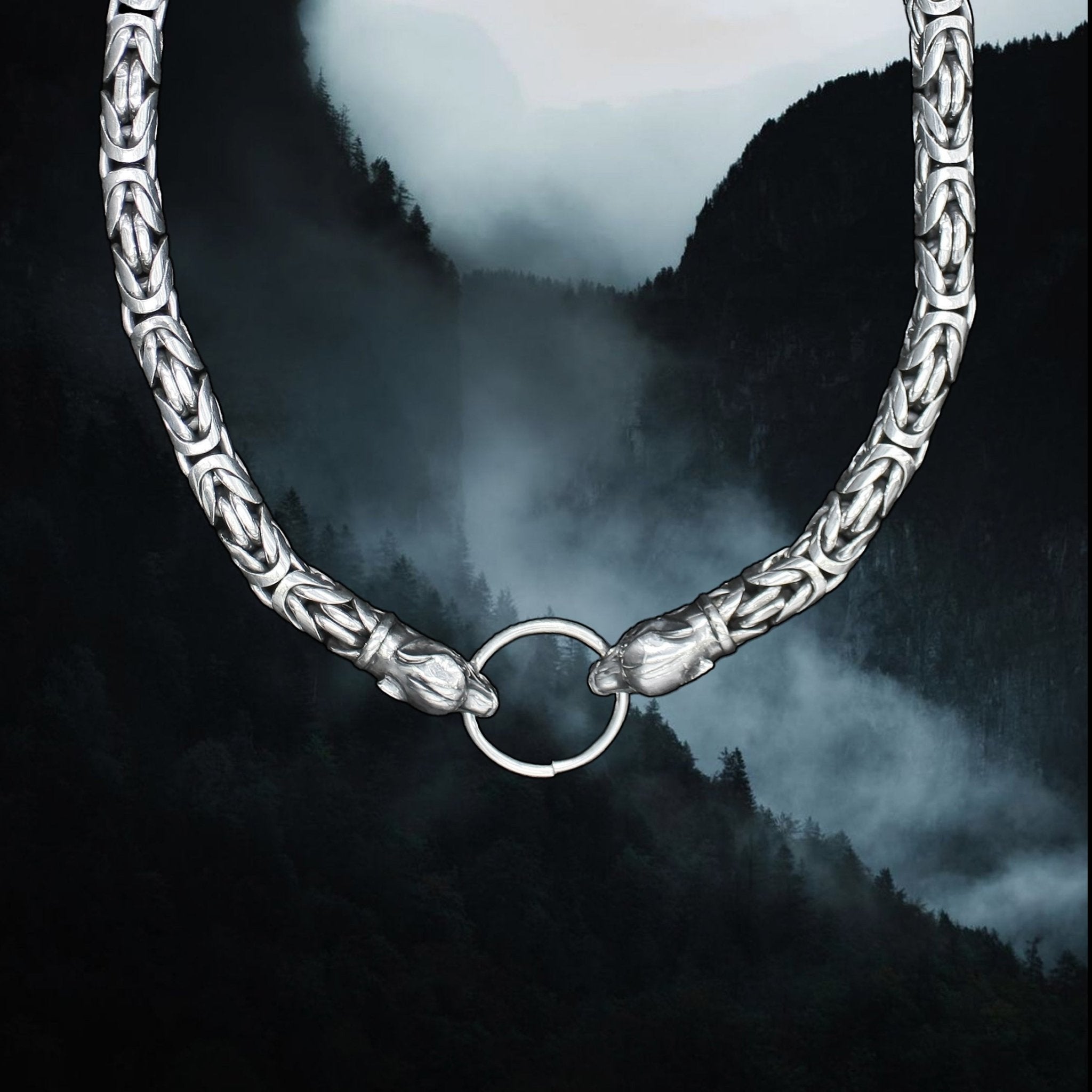 10mm Thick Silver Thor's Hammer King Chain Necklace with Ferocious Wolf Heads & Split Ring