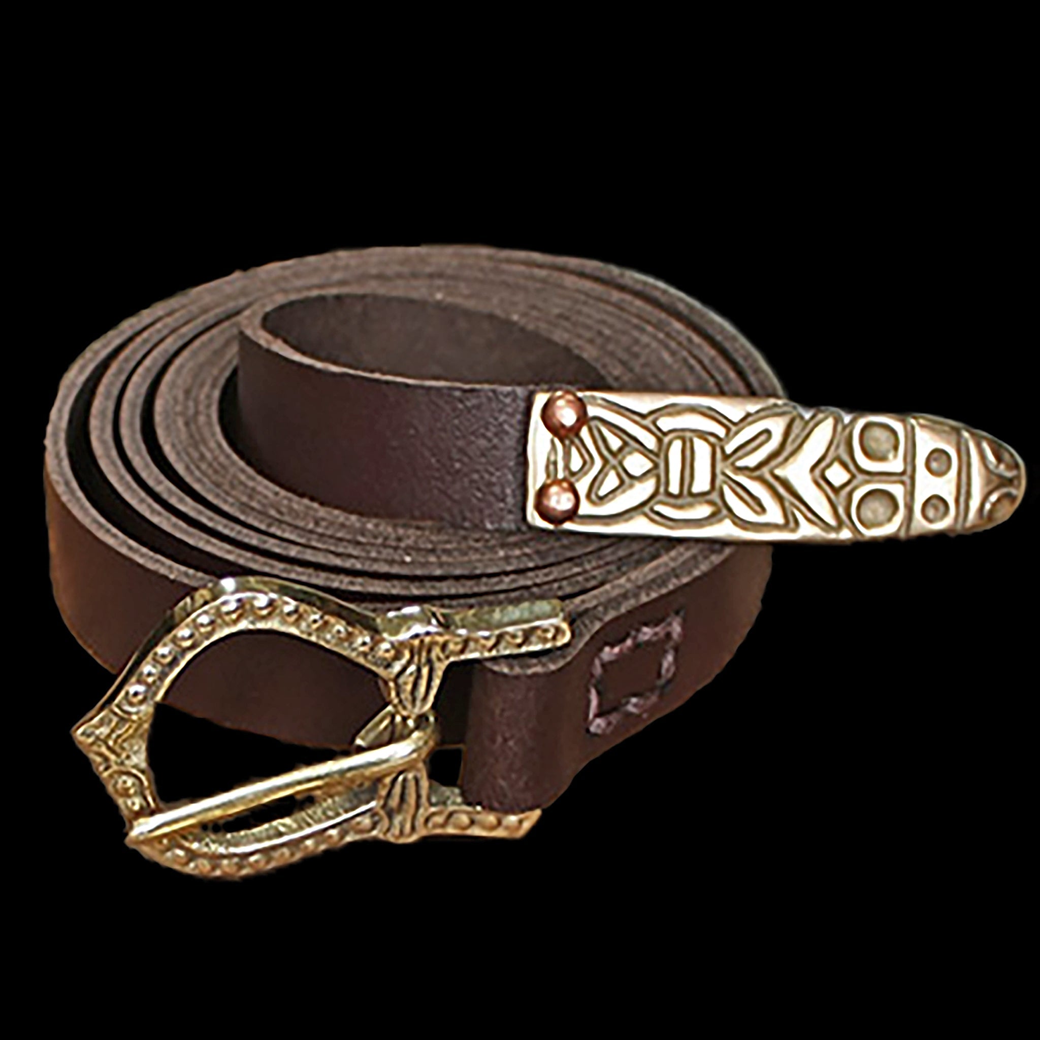 19mm Wide Bronw Leather Viking Belt with Bronze Rus Viking Buckle and Bronze Animal Head Viking Strap End