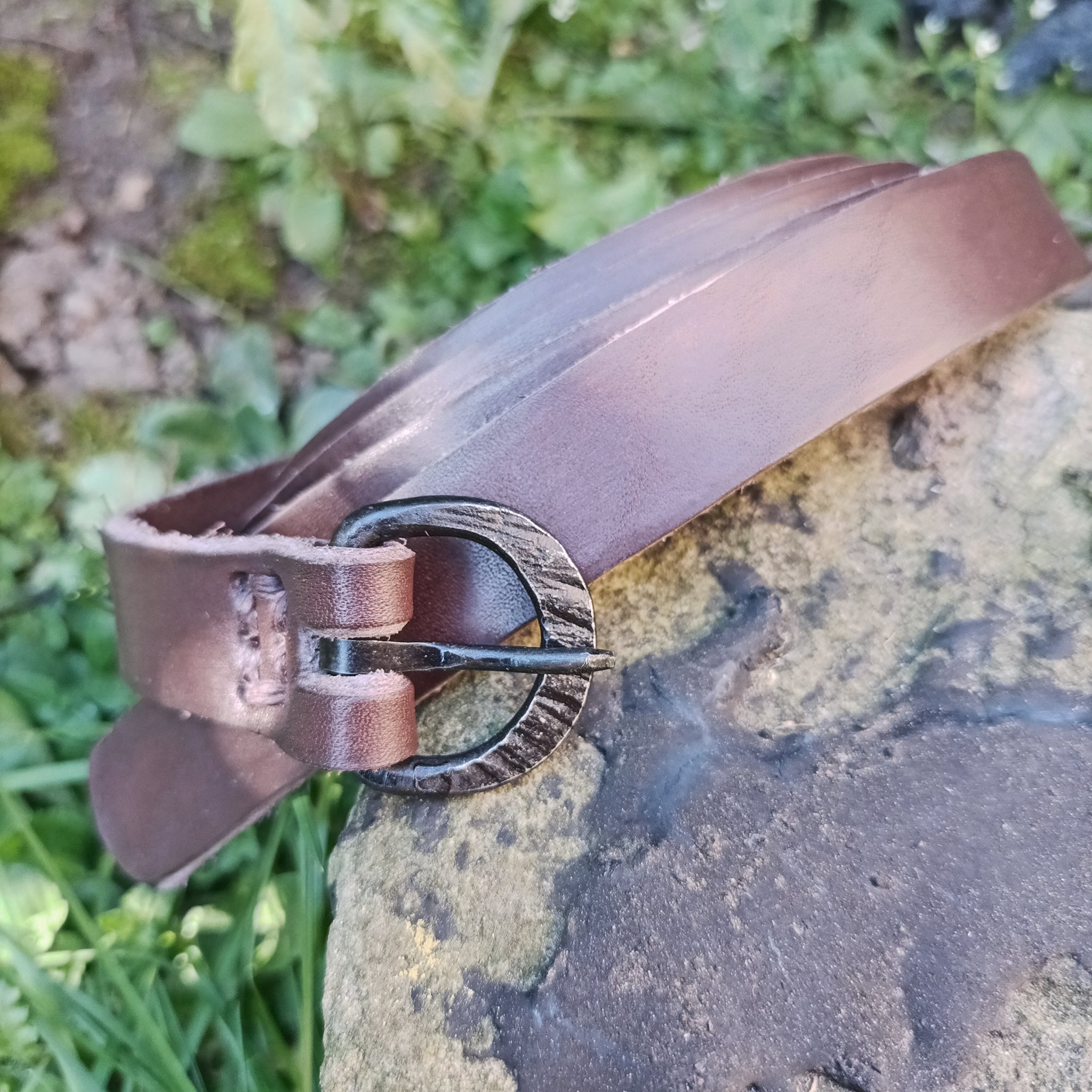 Hand-Forged Iron Viking / Medieval Buckle - 20mm (0.75 inch) on Brown Leather Belt - On Rock