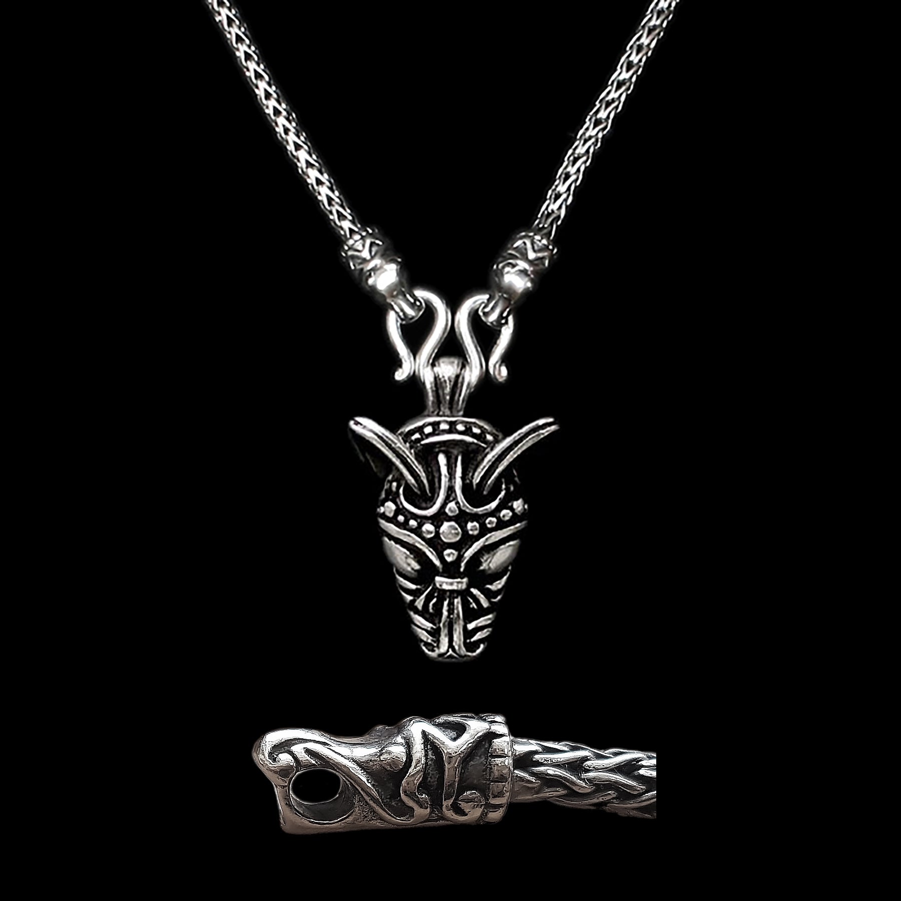 Sterling Silver Viking Snake Chain Necklace with Gotlandic Dragon Heads & Wolf Head Pendant
