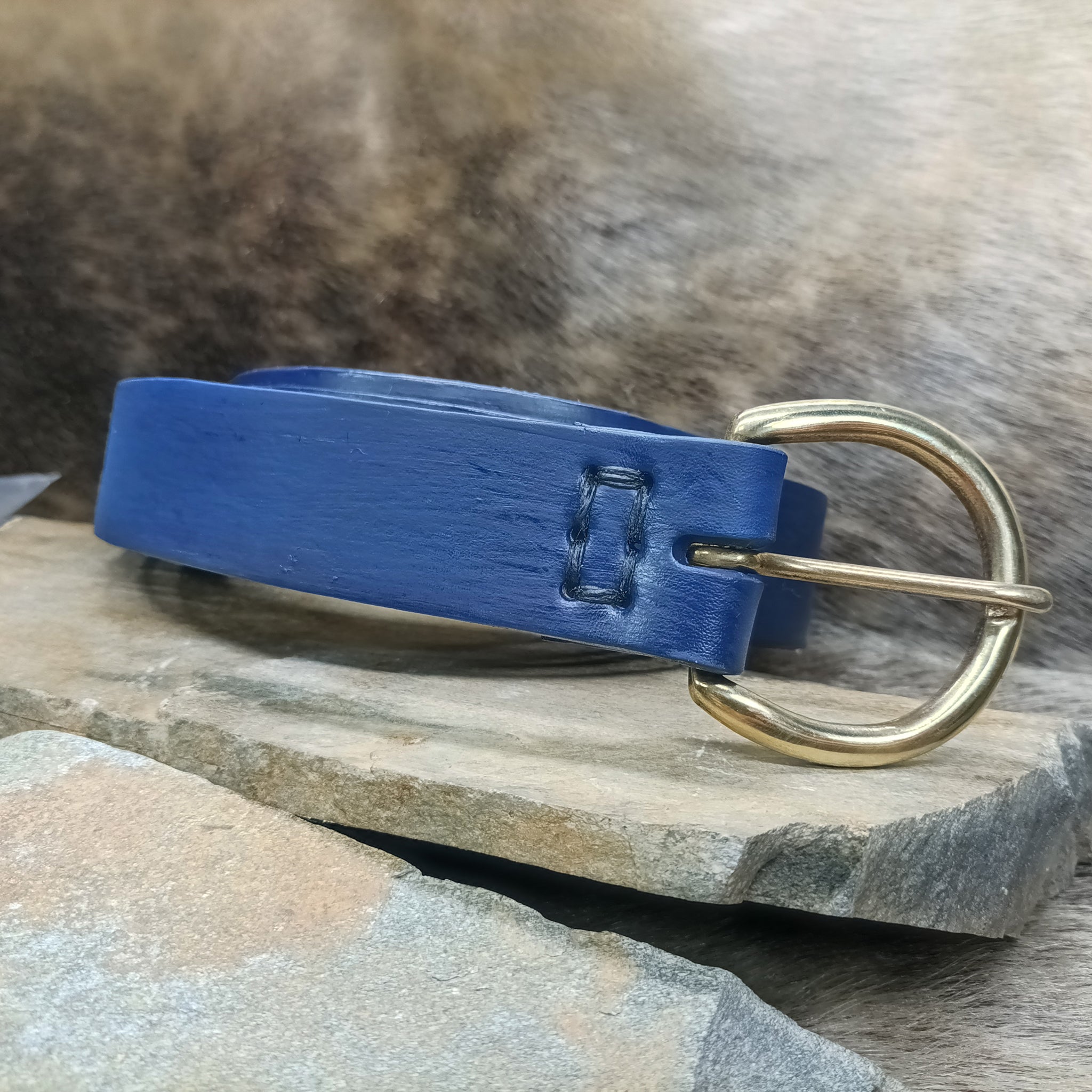 Long Blue Leather Viking Belt with Brass Buckle - 38mm Width