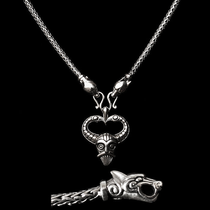 Slim Silver Snake Chain Viking Necklace with Ferocious Wolf Heads with Silver Odin Pendant