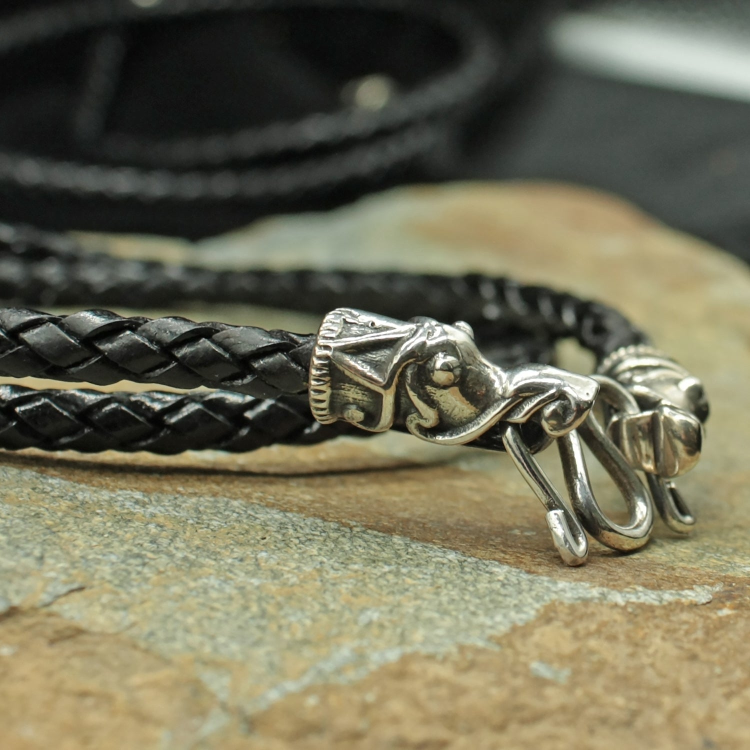 5mm Thick Braided Leather Necklace with Silver Gotlandic Dragon Heads
