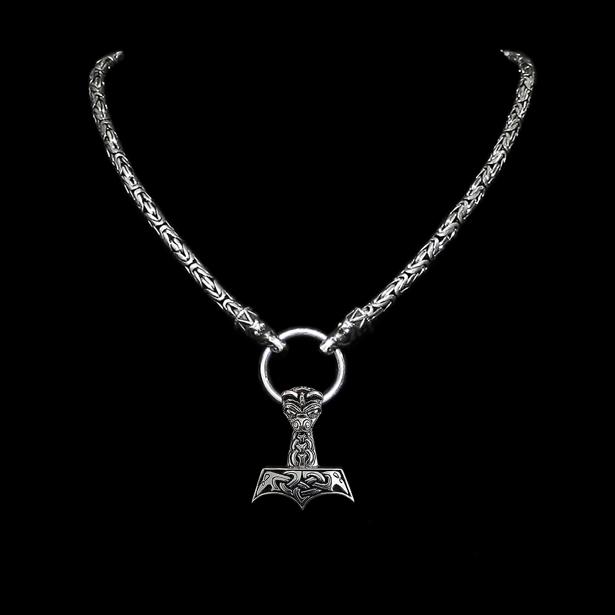 5mm Thick Silver King Chain Thors Hammer Necklace - Gotland Dragon Heads - Large & Ferocious Thors Hammer