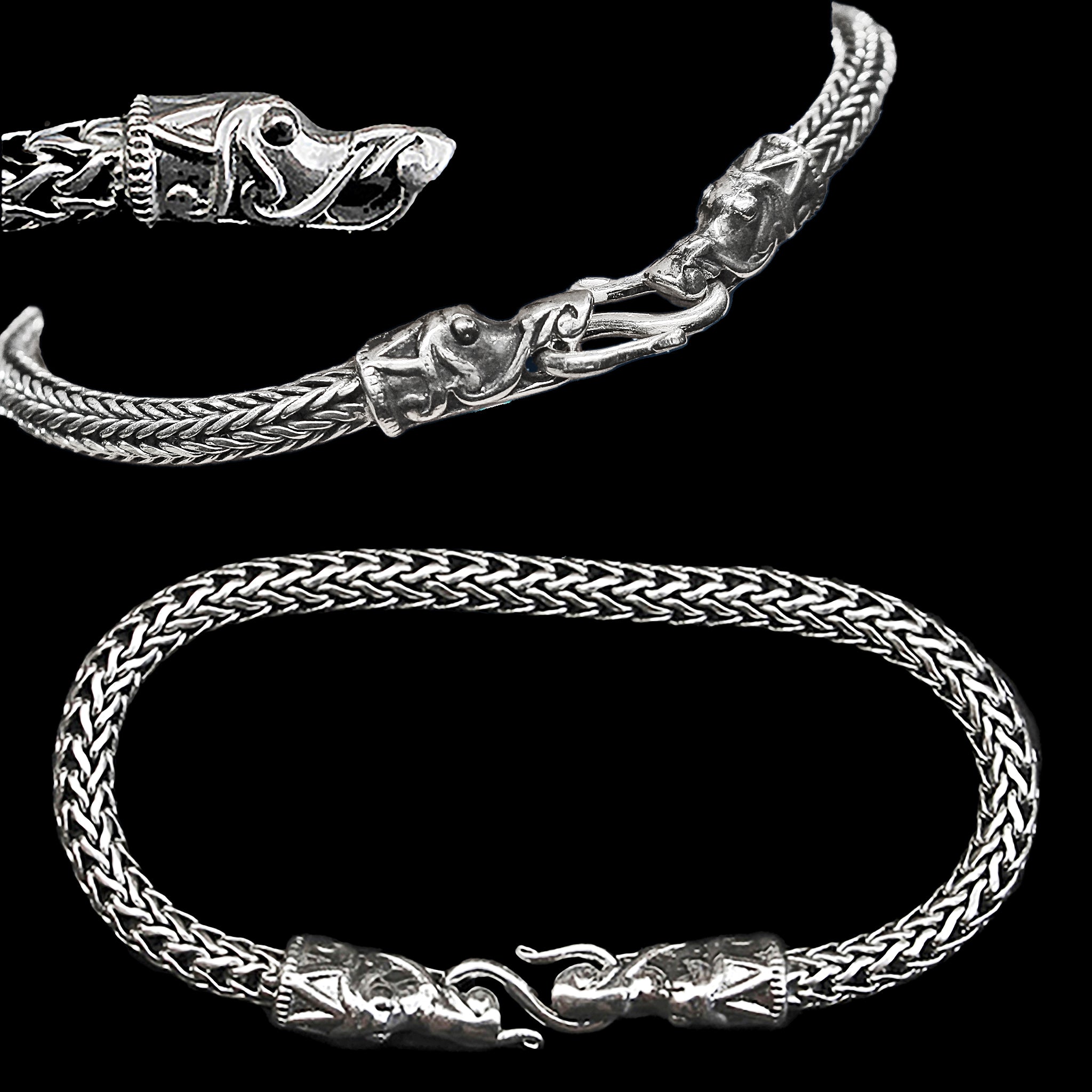 5mm Silver Snake Bracelet With Gotlandic Dragon Heads - Various Angles
