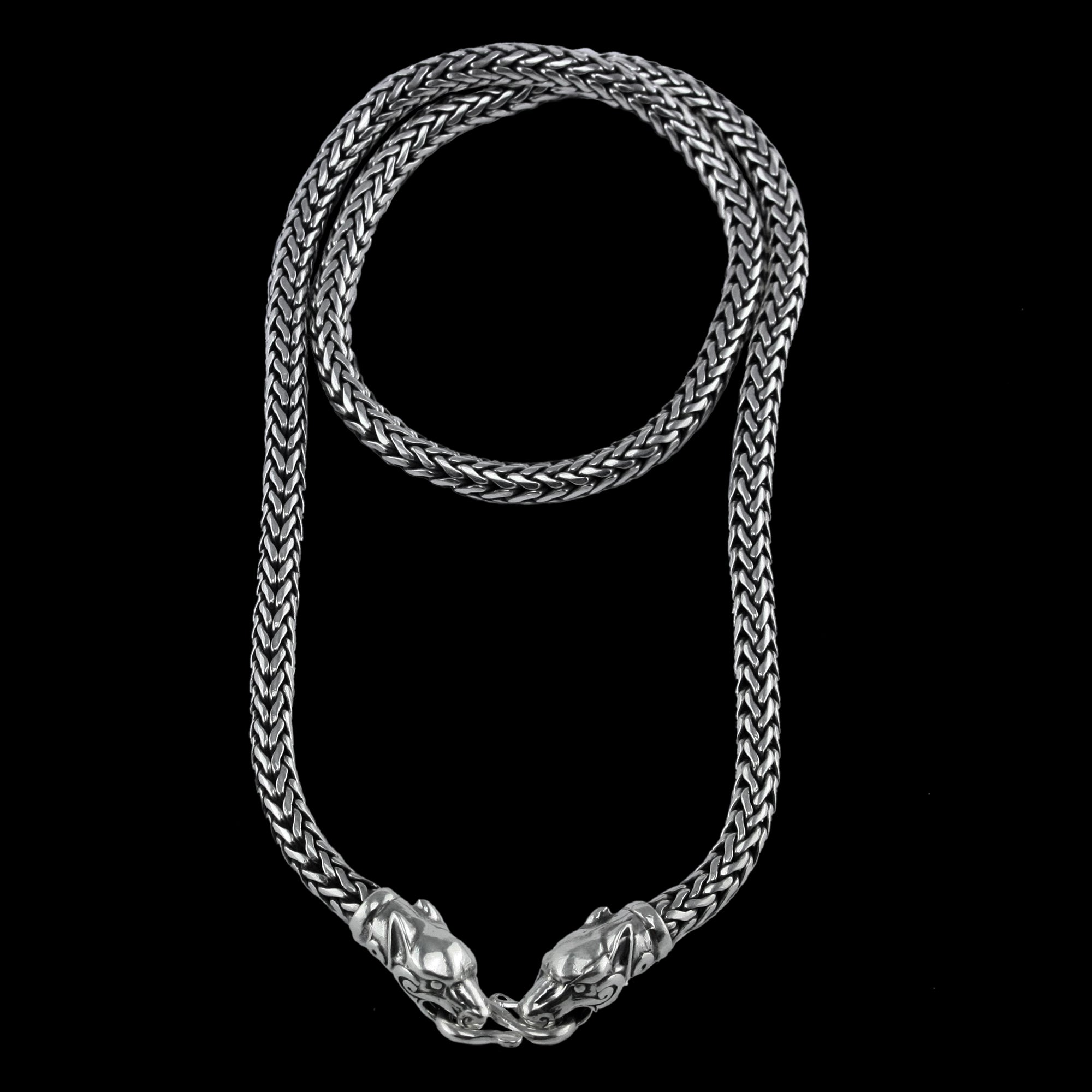 5mm Silver Snake Chain Necklace with Ferocious Wolf Heads