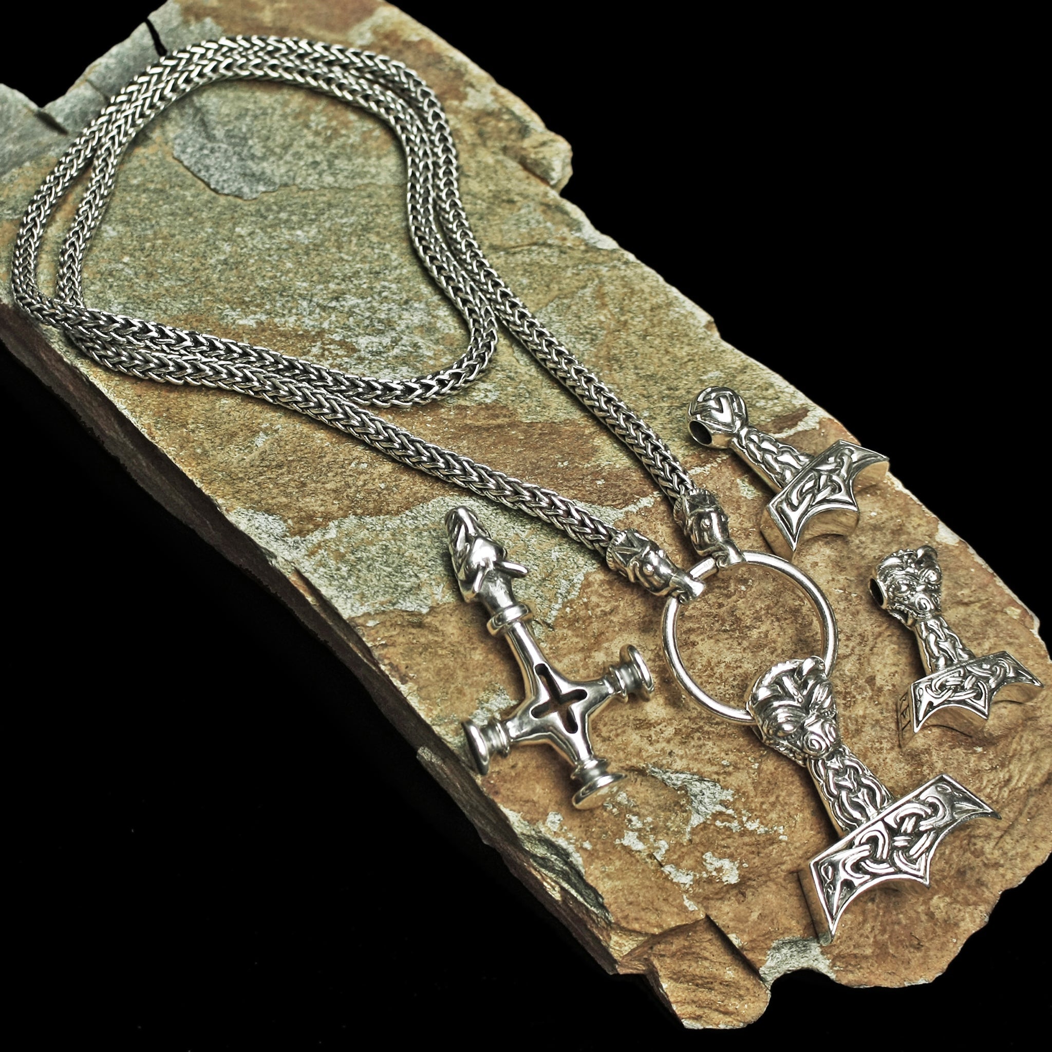 Silver Hammer Necklace with Dragon Heads