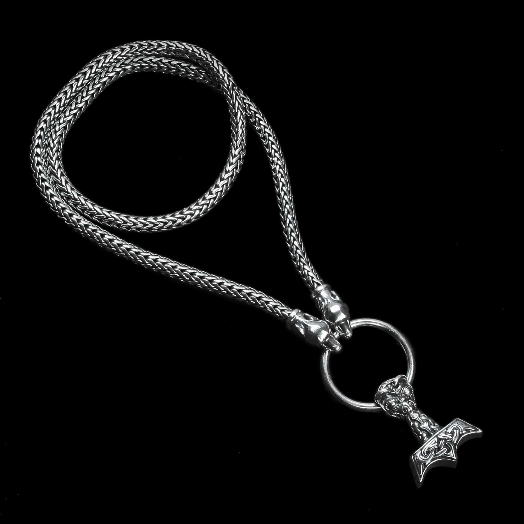 Silver Thor's Hammer Necklace with Ferocious Wolf Heads and Ferocious Thor's Hammer - Viking Jewelry