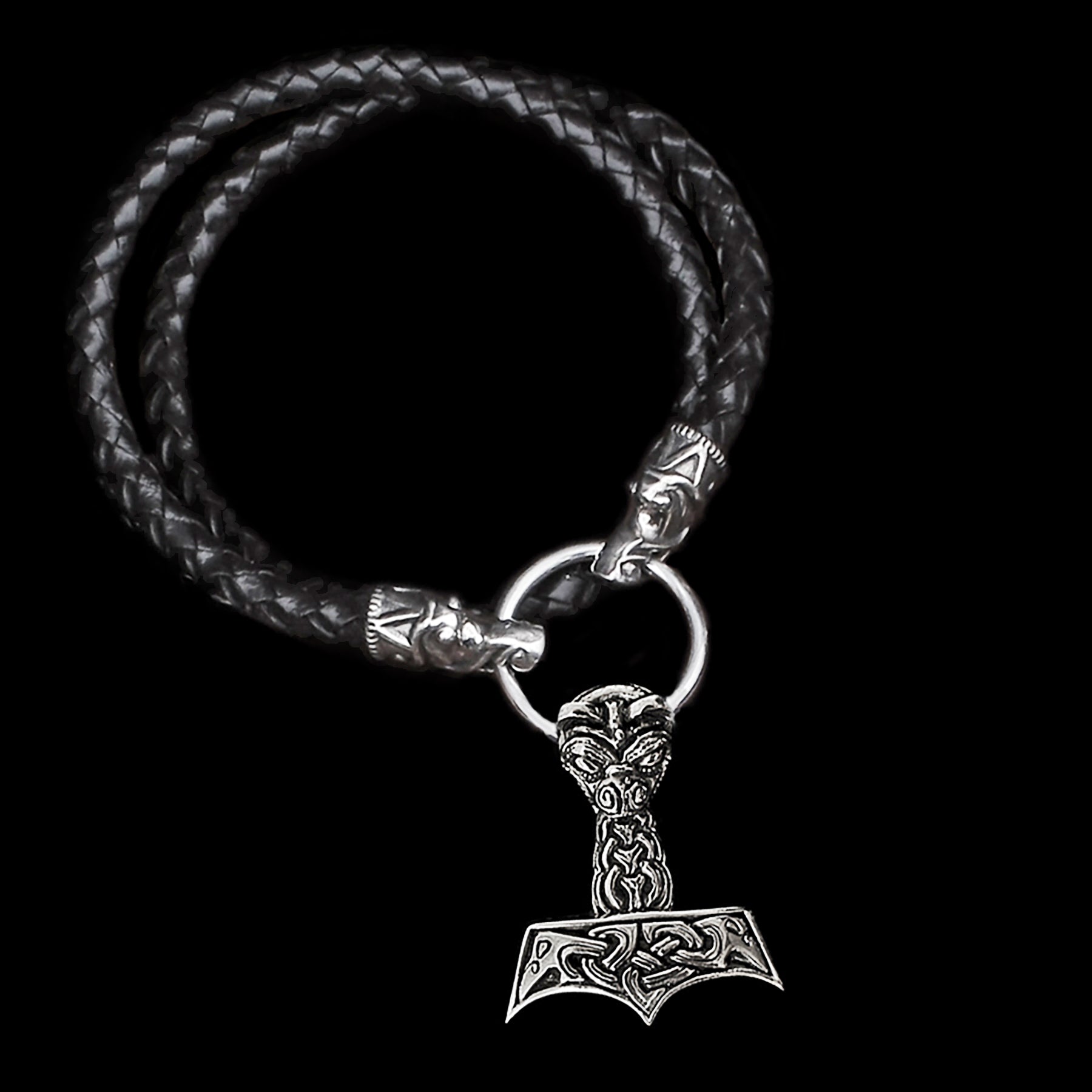 8mm Braided Leather Viking Necklace with Silver Gotland Dragon Heads, Split Ring and Silver Large Ferocious Thors Hammer