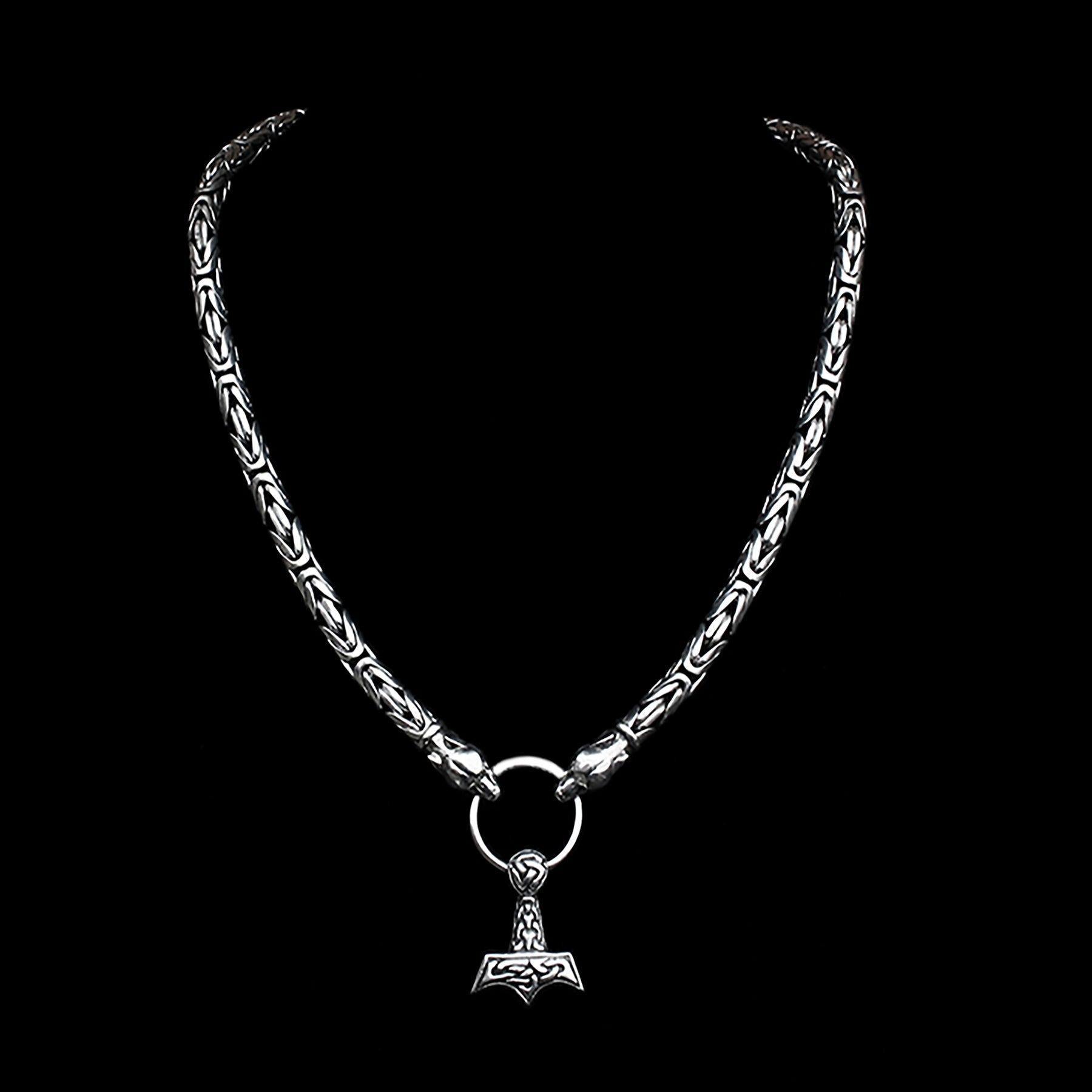 8mm Thick Silver King Chain Thors Hammer Necklace - Ferocious Wolf Heads - Split Ring - Knotwork Thors Hammer