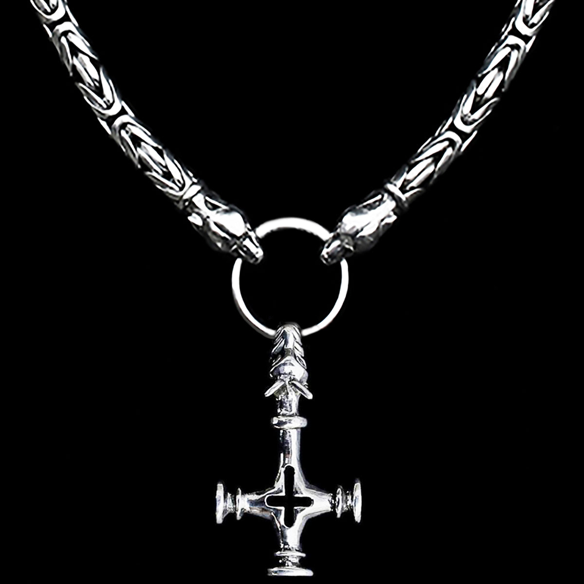8mm Thick Silver Thor's Hammer Necklace with Ferocious Wolf Heads - Split Ring - AD2 Large Icelandic Thors Hammer
