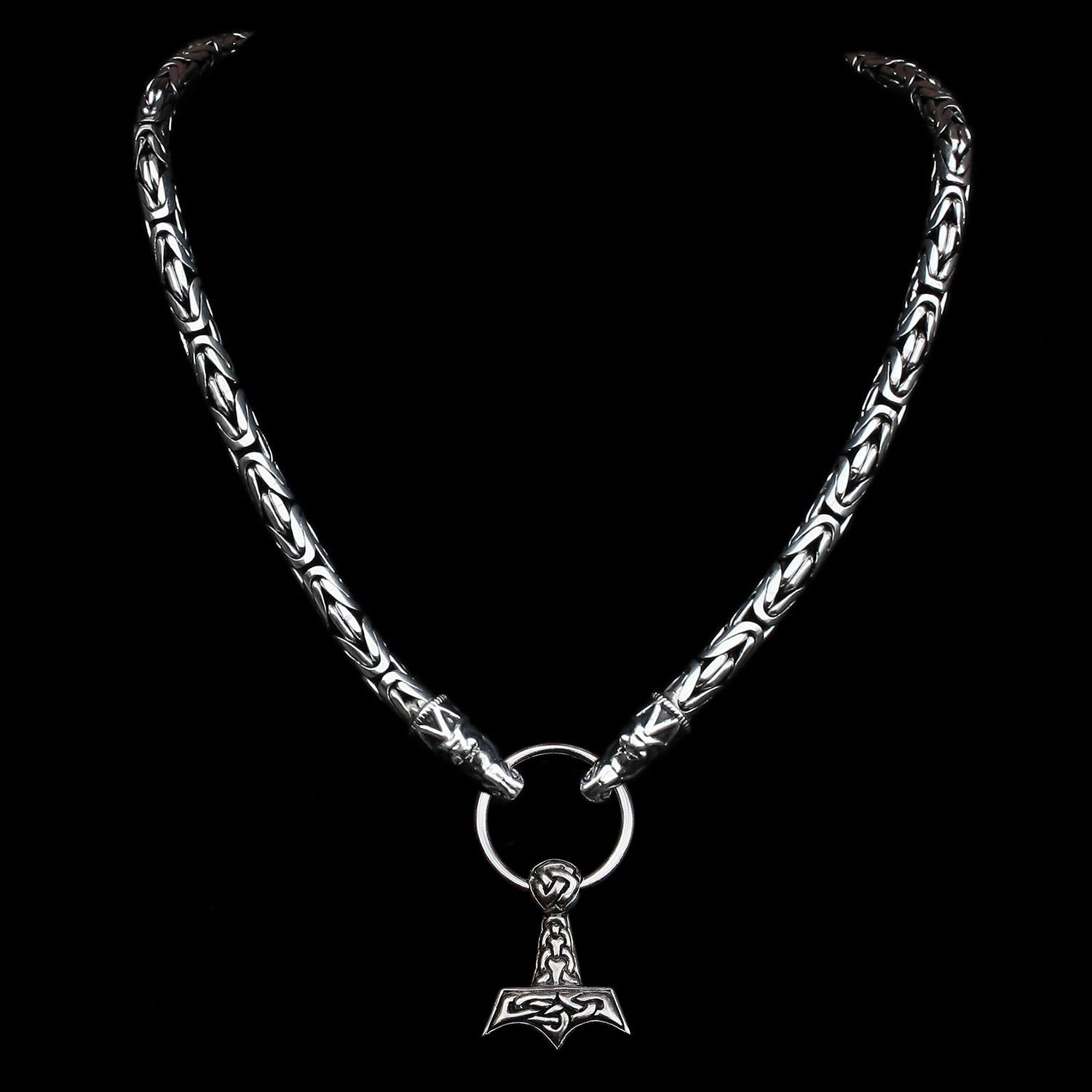 8mm Thick Silver King Chain Thors Hammer Necklace - Gotland Dragon Heads - Knotwork Thors Hammer
