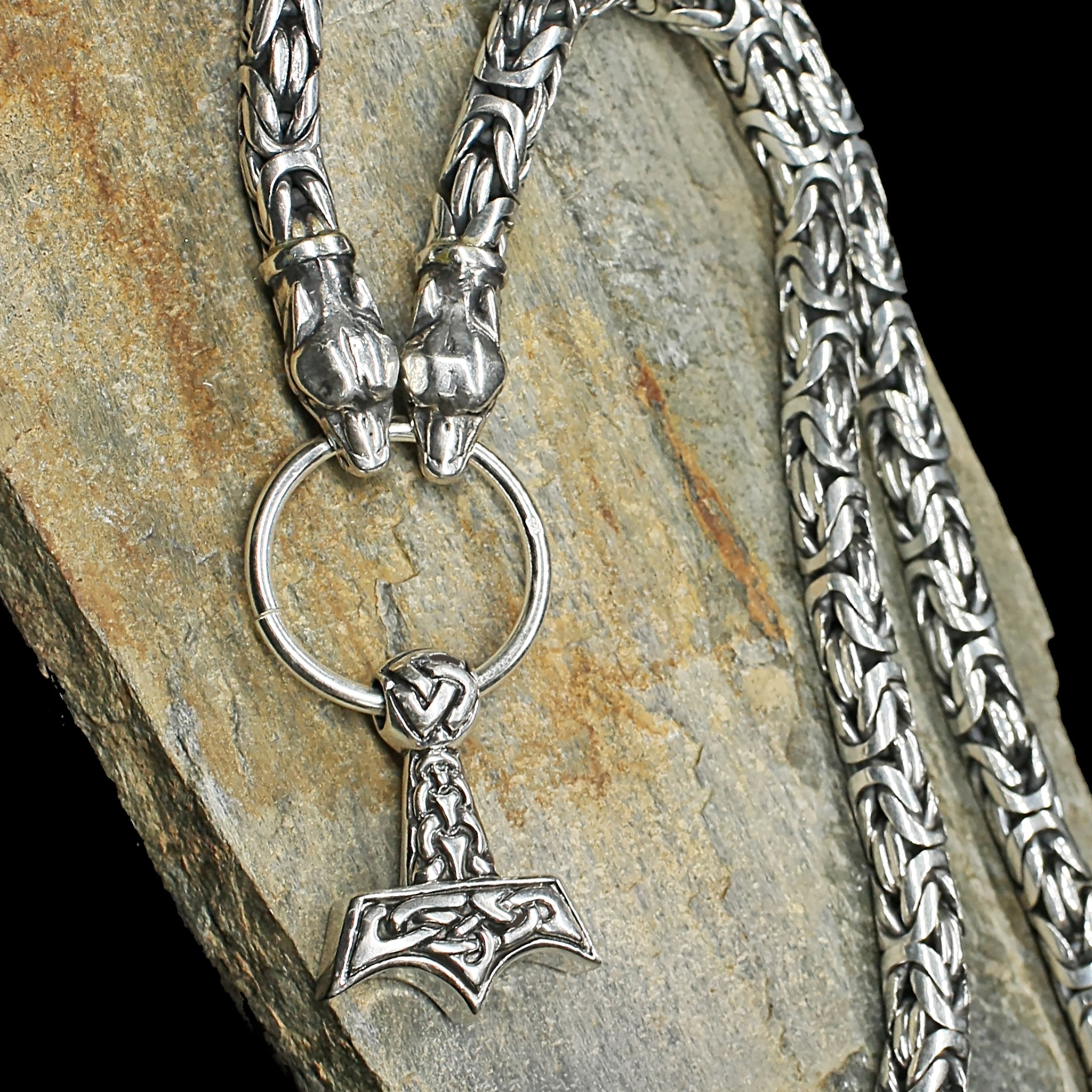8mm Thick Silver King Chain Thors Hammer Necklace - Ferocious Wolf Heads - Split Ring - Knotwork Thors Hammer