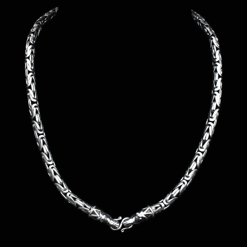 8mm Thick Silver King Chain Thors Hammer Necklace - Gotland Dragon Heads