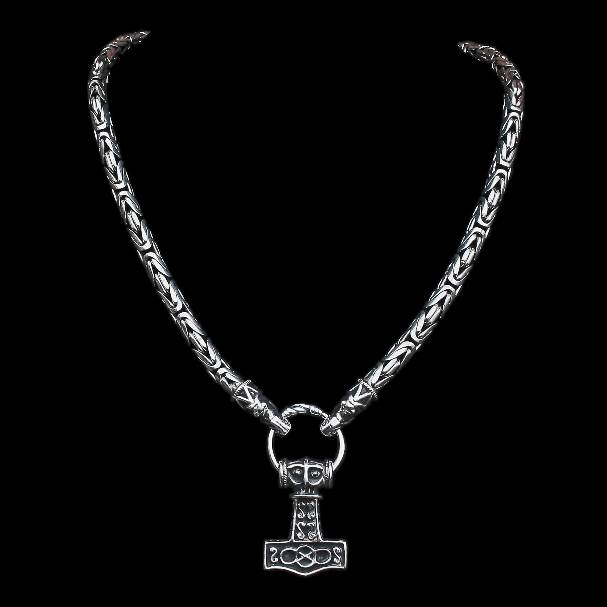 Large Silver Thors Thunder Hammer Pendant on Split Ring with 8mm Dragon Head King Chain