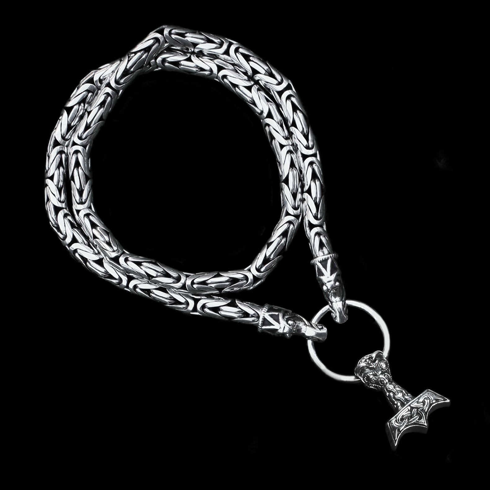 8mm Thick Silver King Chain Thors Hammer Necklace - Gotland Dragon Heads - Ferocious Beast Thors Hammer