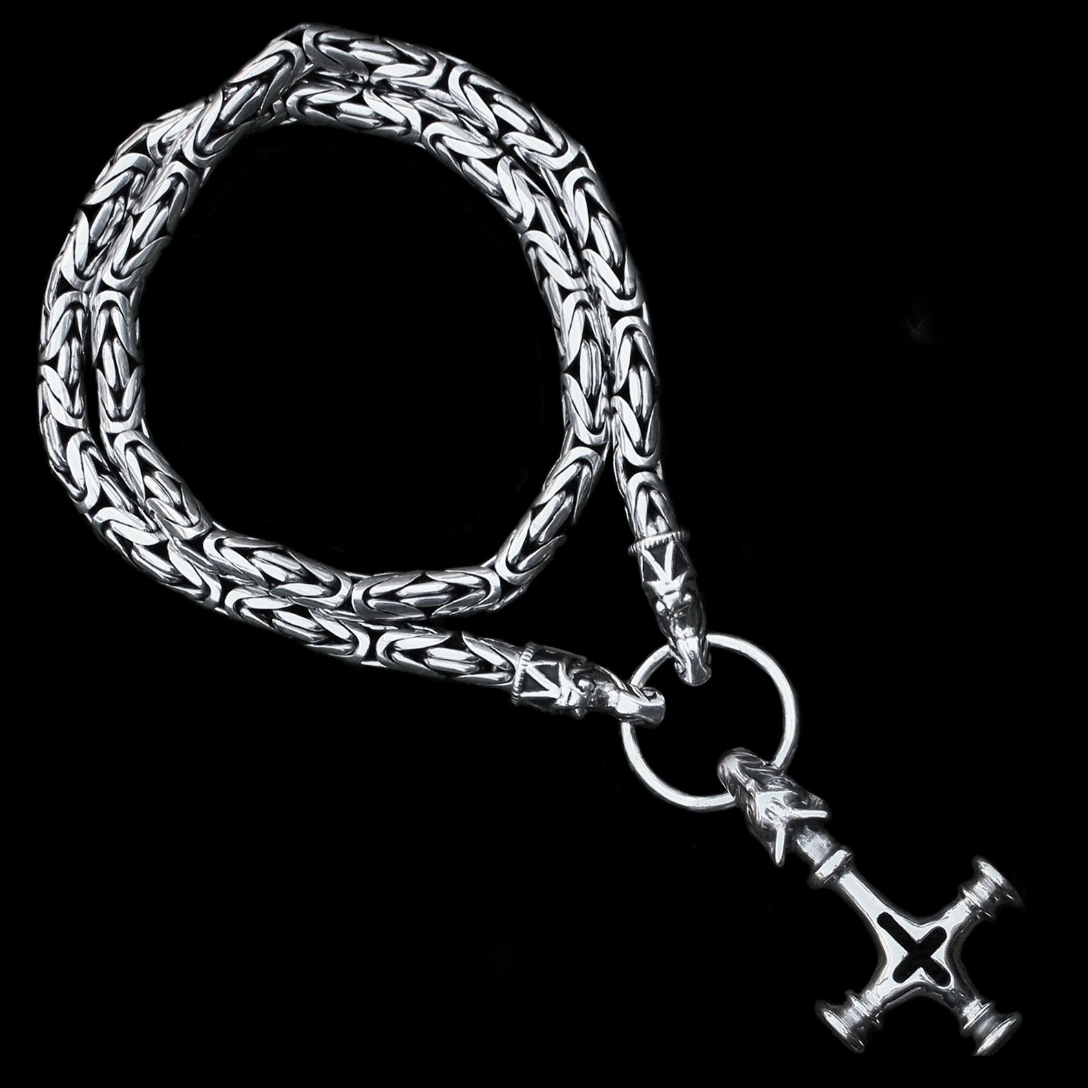 8mm Thick Silver King Chain Thors Hammer Necklace - Gotland Dragon Heads - Large Icelandic Wolf Thors Hammer