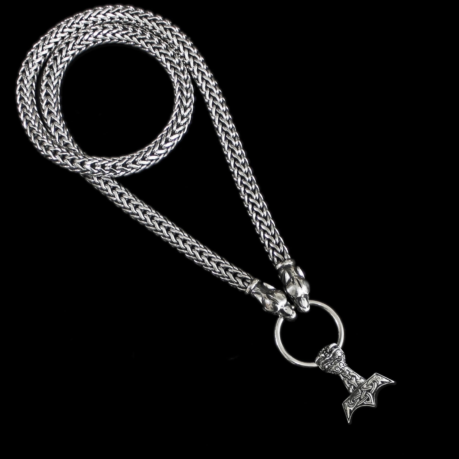 8mm Thick Silver Snake Chain Thor's Hammer Necklace with Ferocious Wolf Heads Ferocious Beast Thor's Hammer Pendant - Viking Jewelry